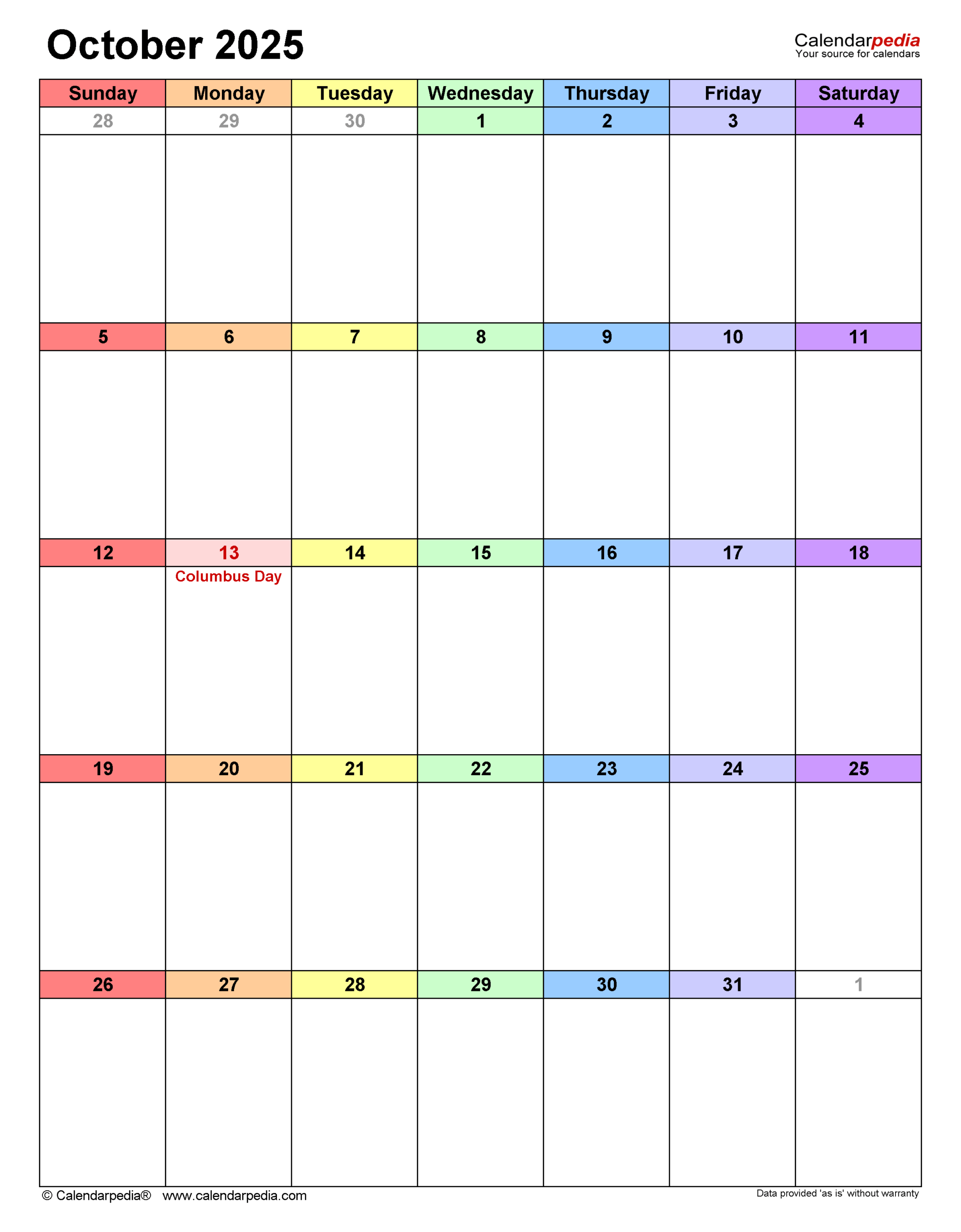 October 2025 Calendar Templates For PDF Excel And Word