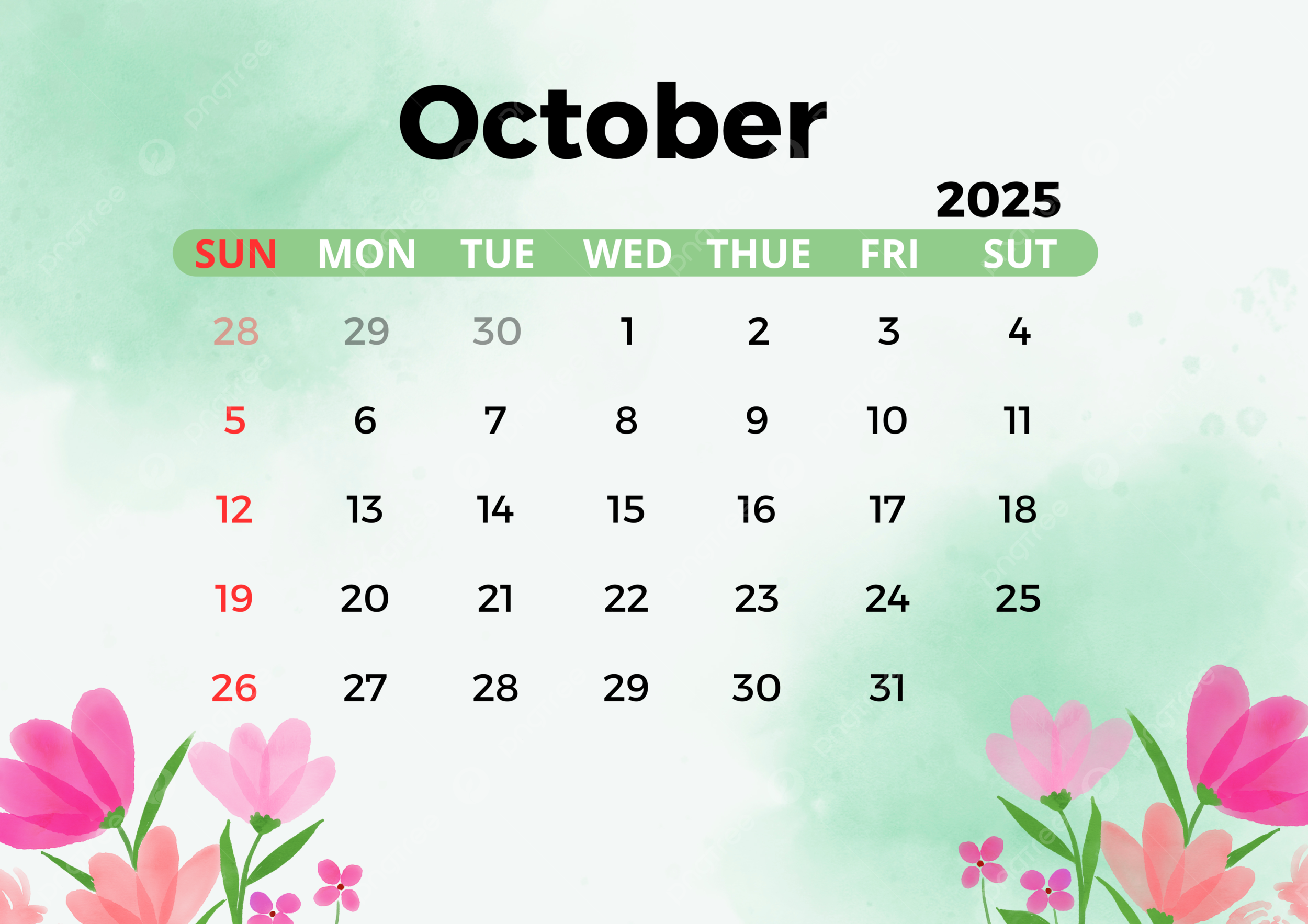 October 2025 Calendar With Flower Background Template Download On 