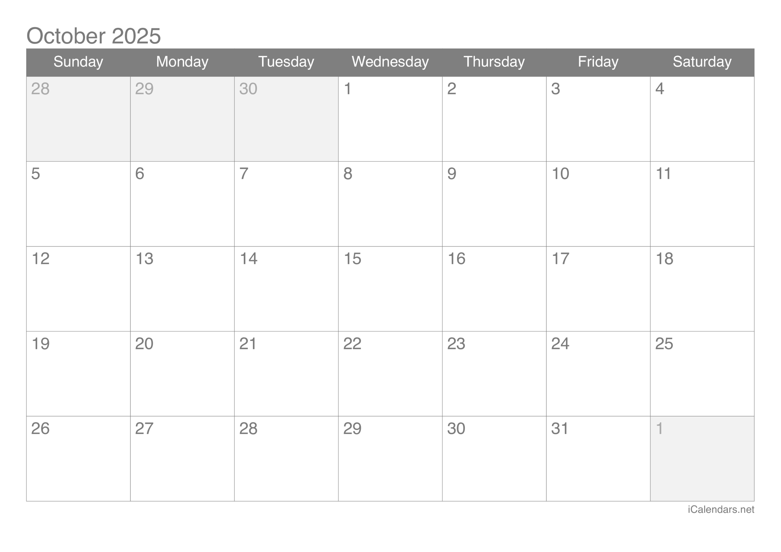 October 2025 Printable Calendar