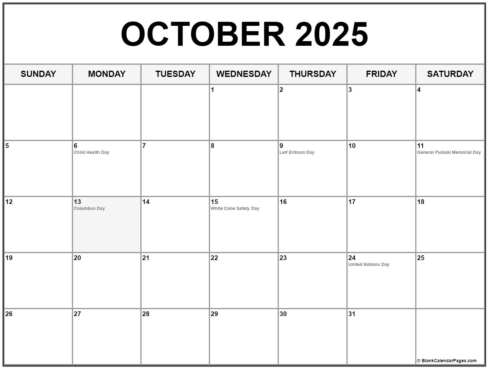 2025 October Calendar With Holidays