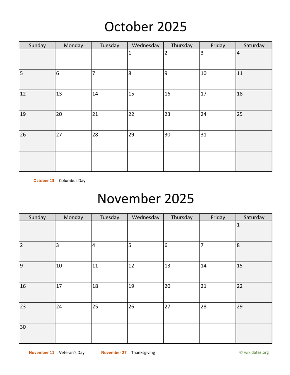 October November December Calendar 2025