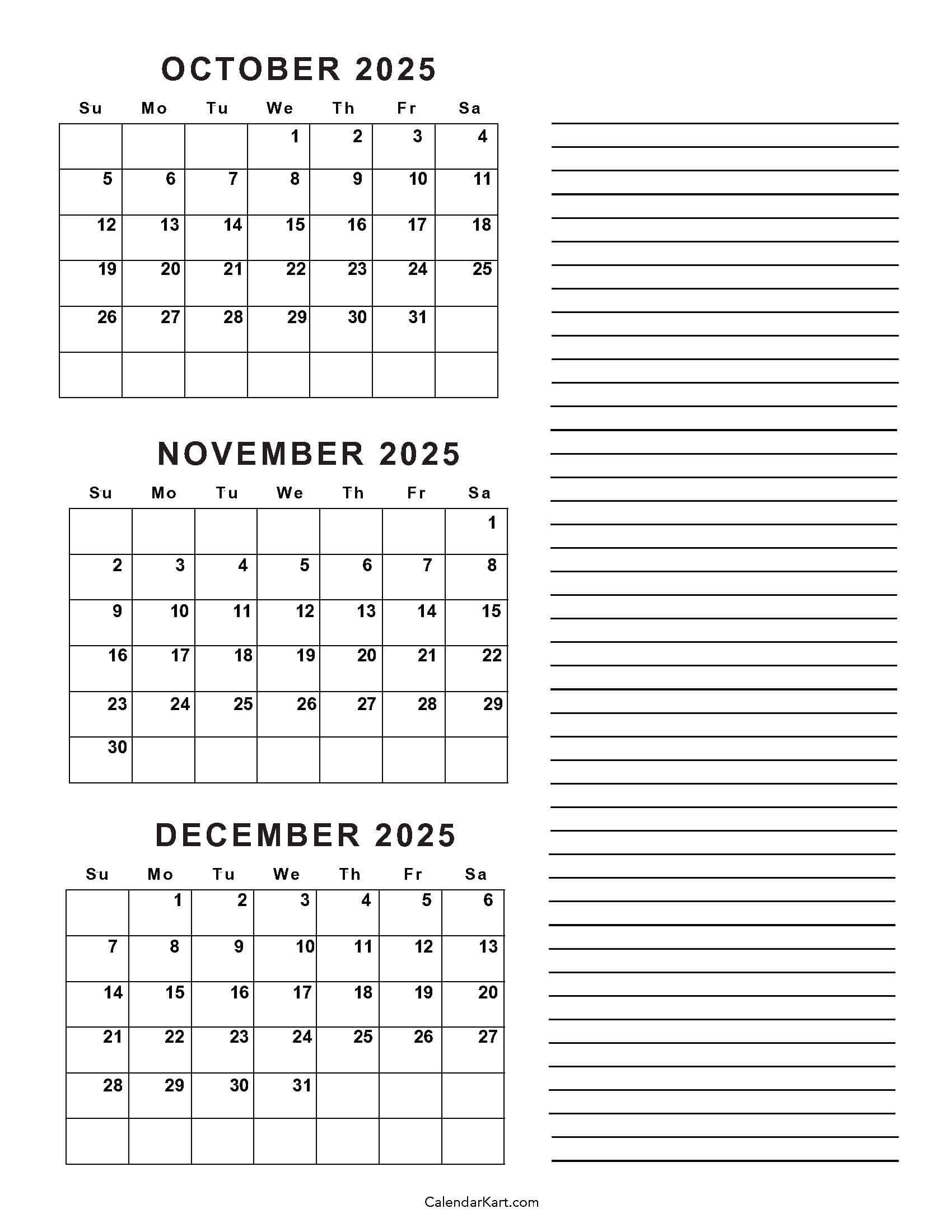 October November December 2025 Calendar