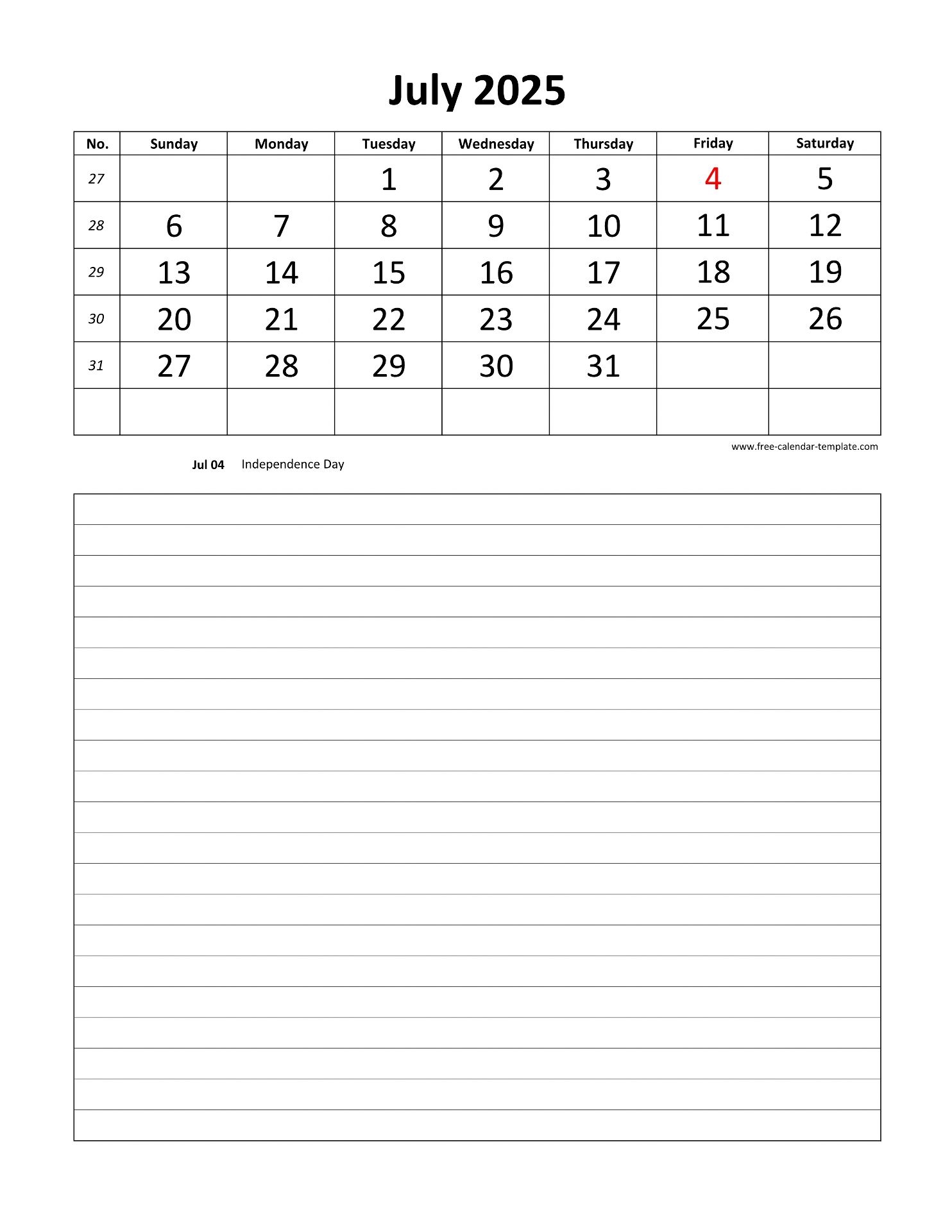 July 2025 Calendar Vertical
