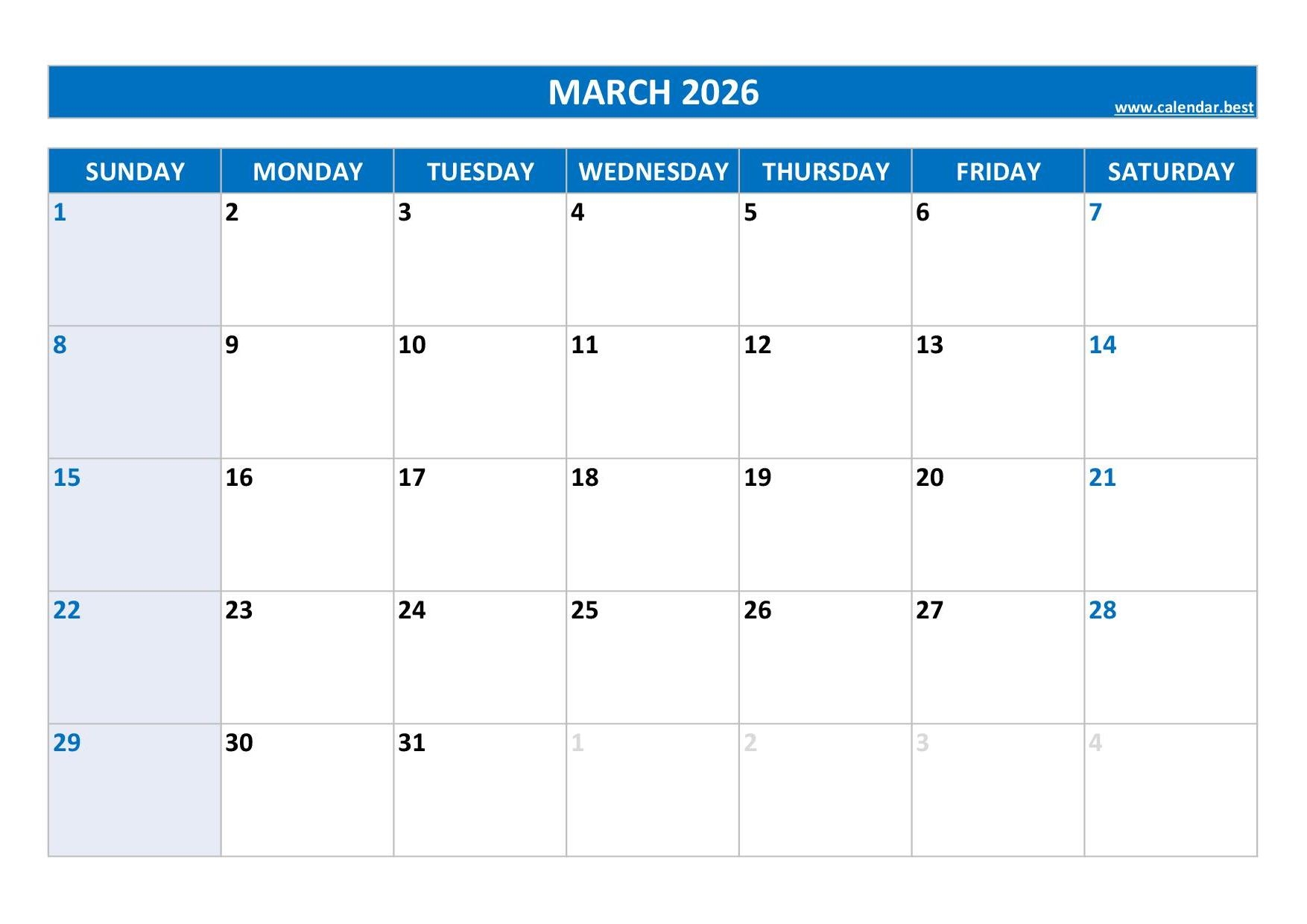 March Monthly Calendar 2026