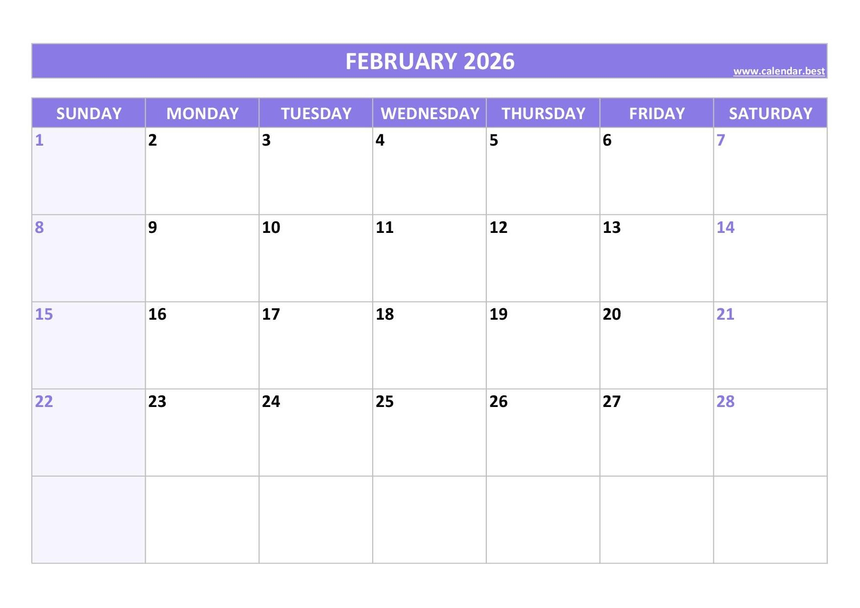 Feb 2026 Blank Calendar