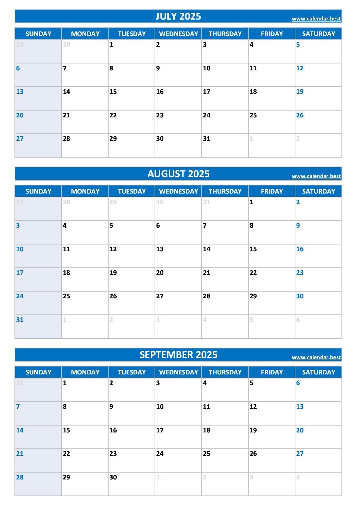 3 Month Calendar 2025 August September October