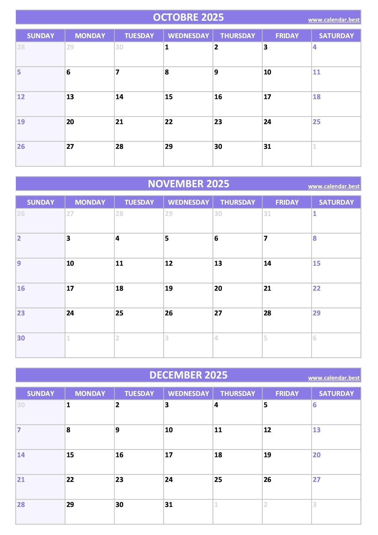 3 Month Calendar September October November 2025