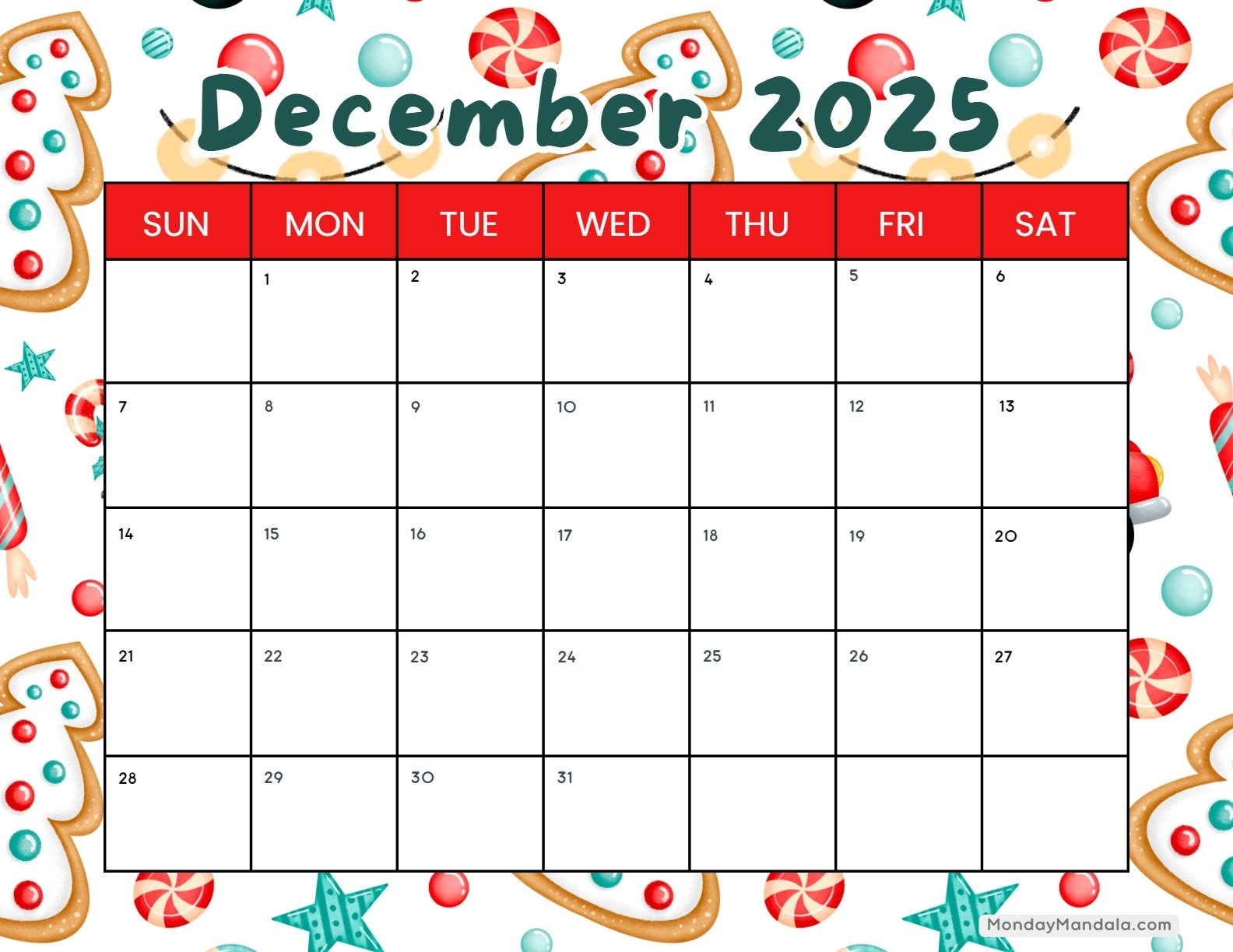 Blank December Calendar 2025