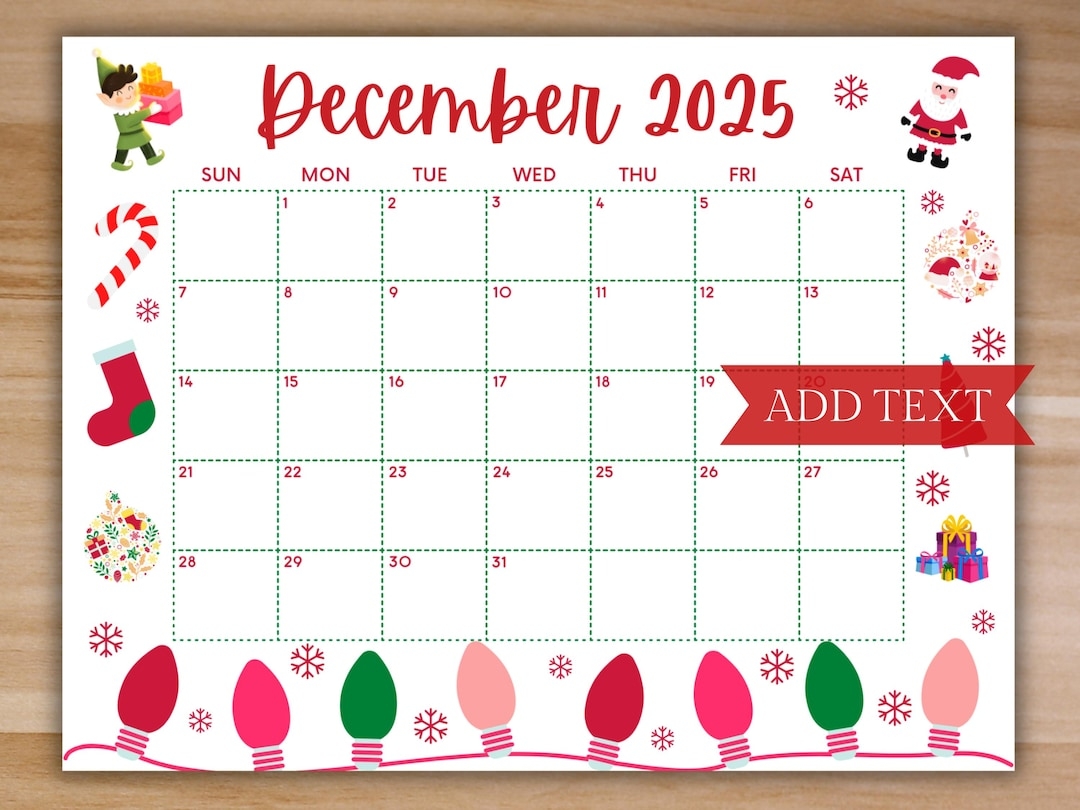 Printable December Calendar 2025 Christmas Calendar Holiday Calendar December 2025 Printable Calendar Family Calendar Printable Digital