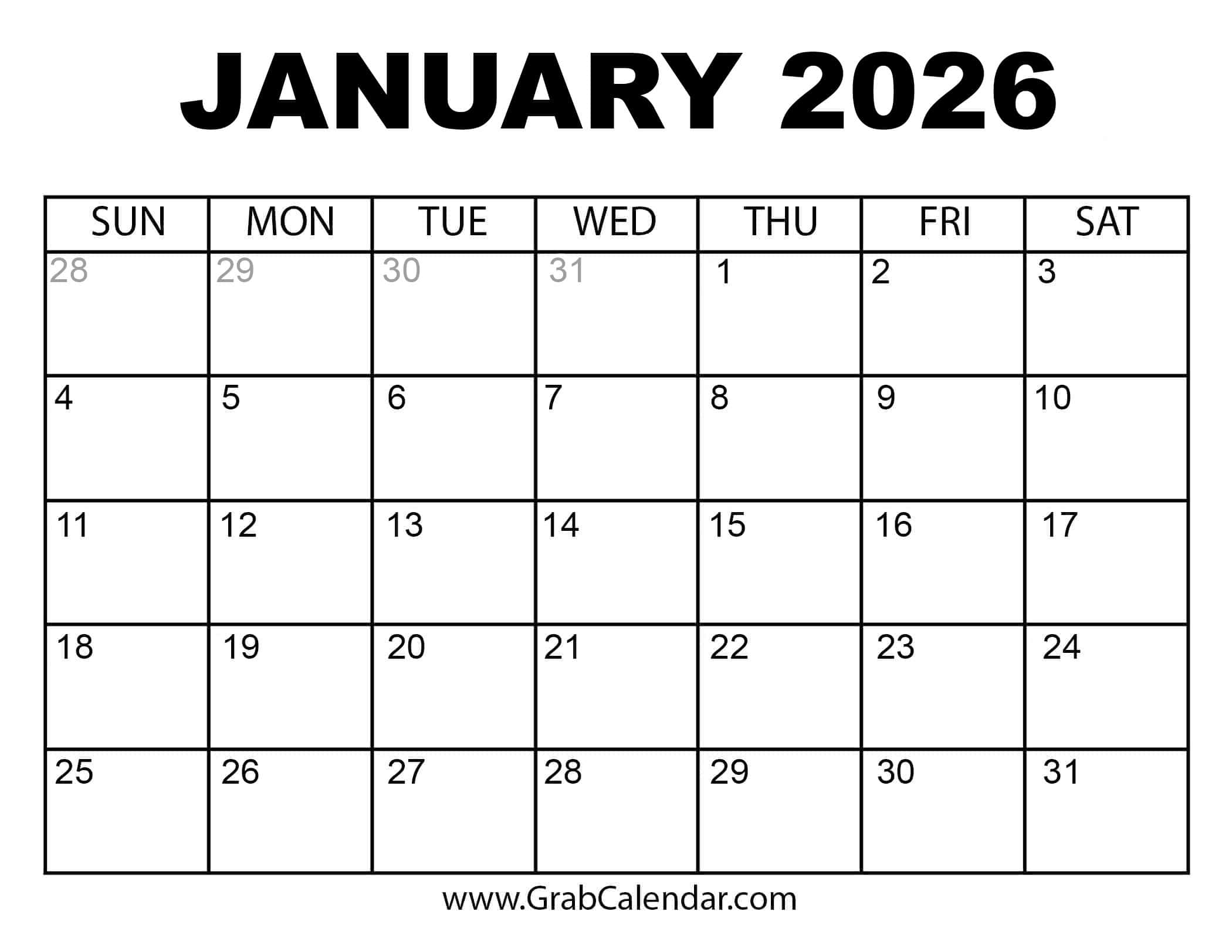 December January Calendar 2026