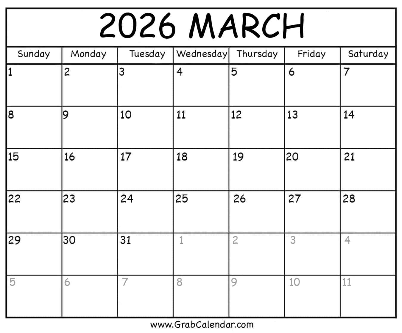 March 2026 Fillable Calendar