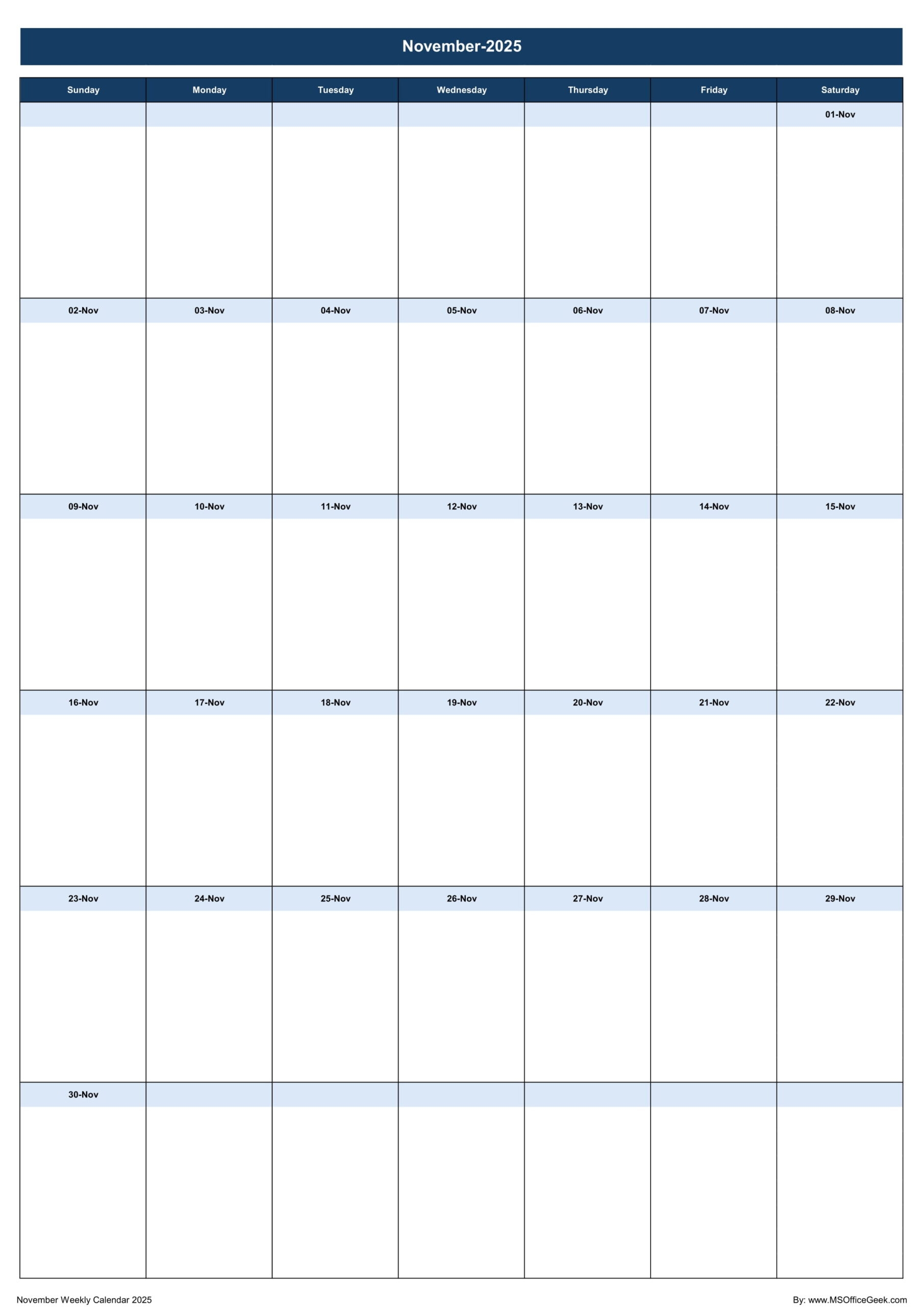 November 2025 Calendar Excel