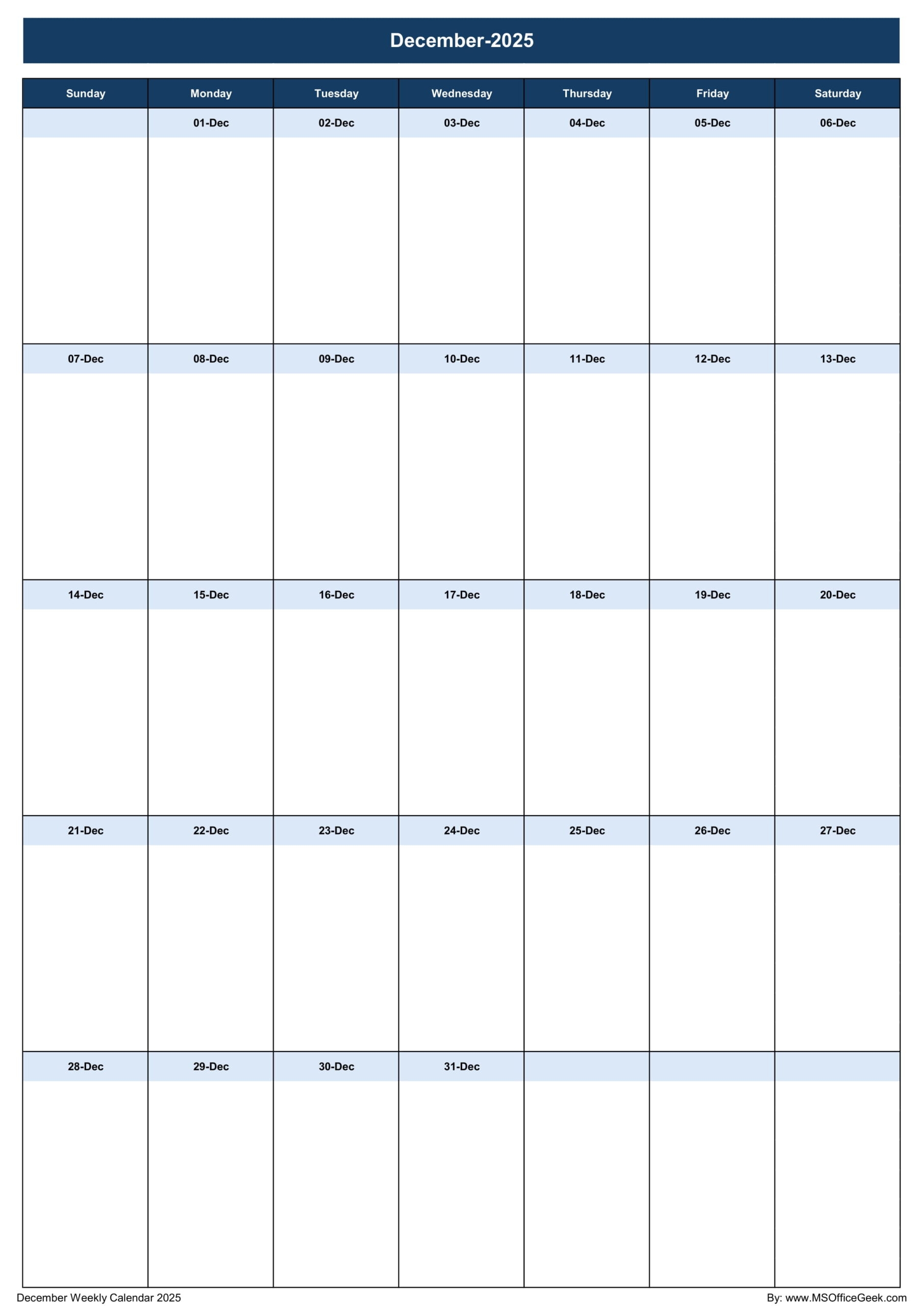 December 2025 Weekly Calendar Printable
