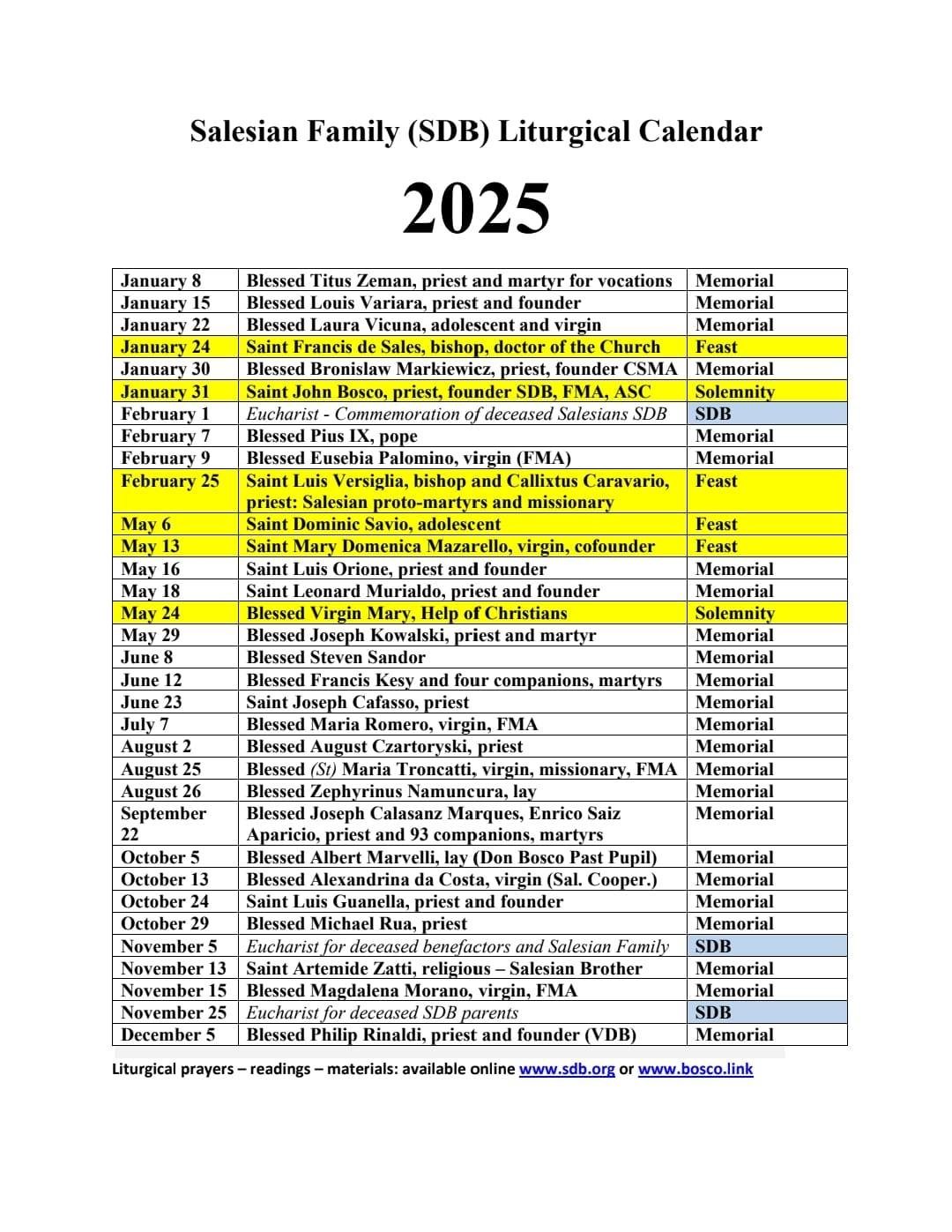 Resource 2025 Salesian Family Calendar Liturgy Prayer Intentions