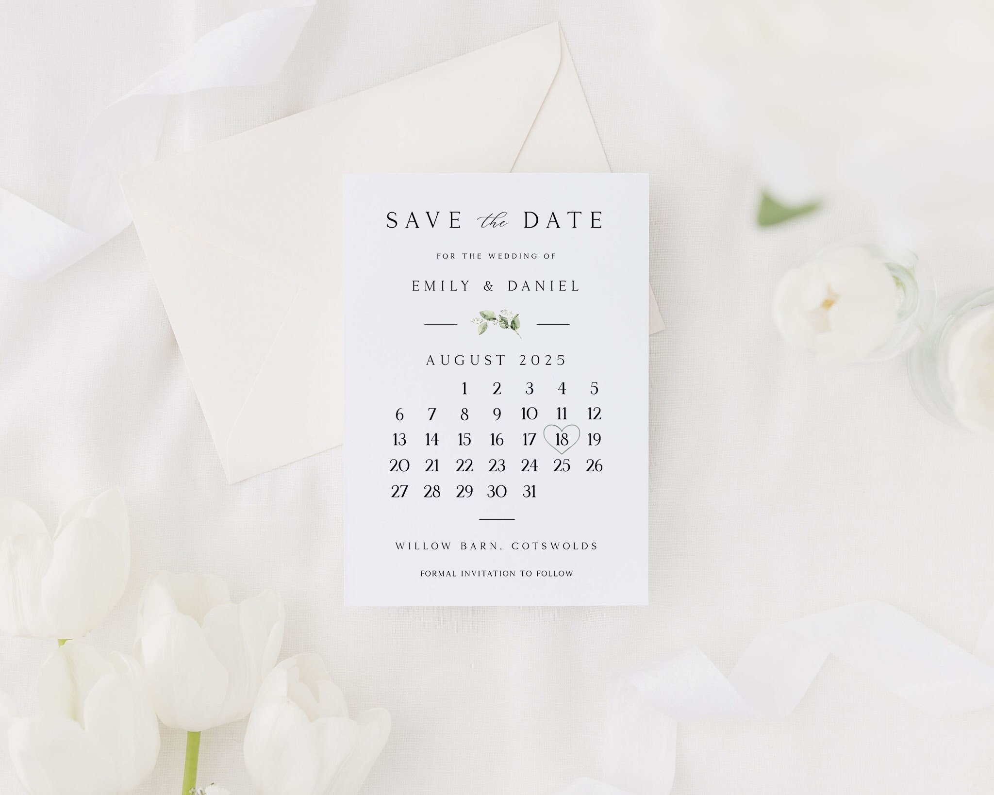 Save The Date Cards Minimal Save The Dates With Envelopes Modern Calendar Eucalyptus Save The Dates Etsy