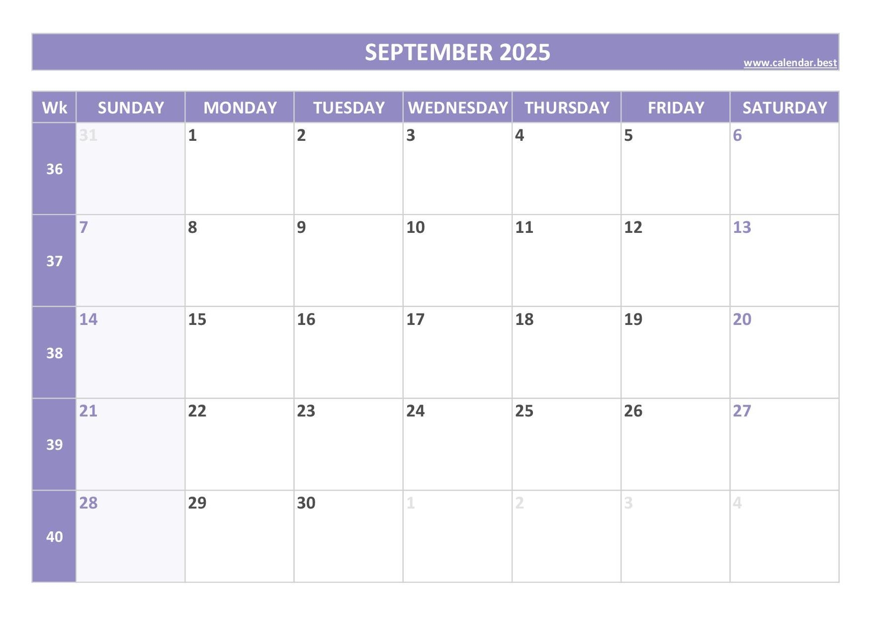 Calendar For Month Of September 2025