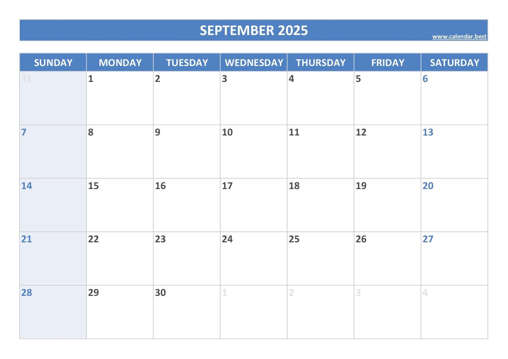 Blank September Calendar 2025