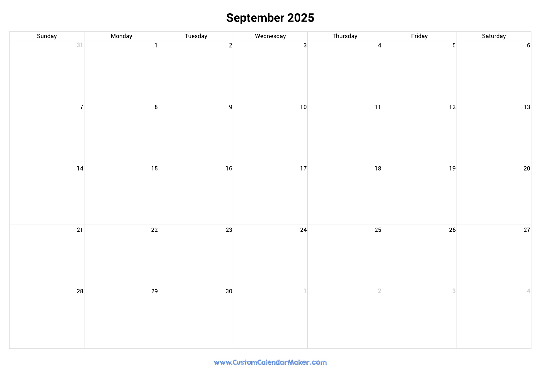 September 2025 Landscape Calendar With Large Boxes Custom Calendar Maker
