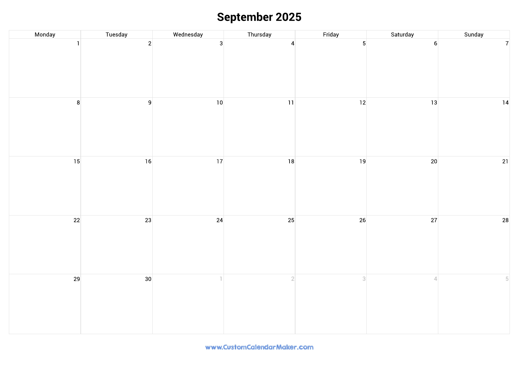 September 2025 Calendar Monday Start