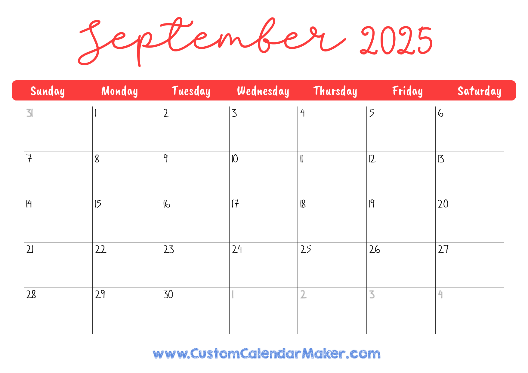 Calendar September 2025 Large Boxes