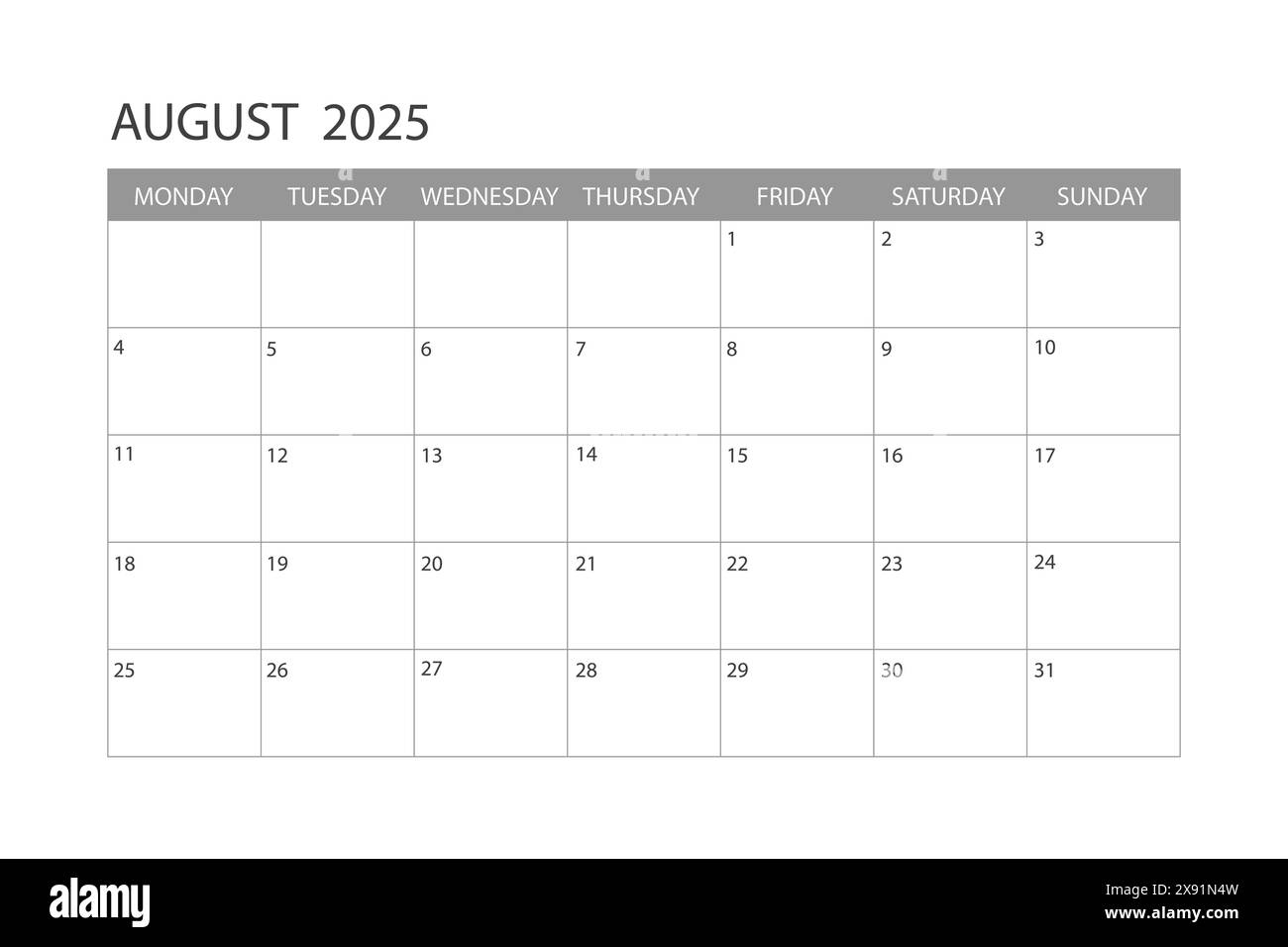 August 2025 Calendar Monday Start