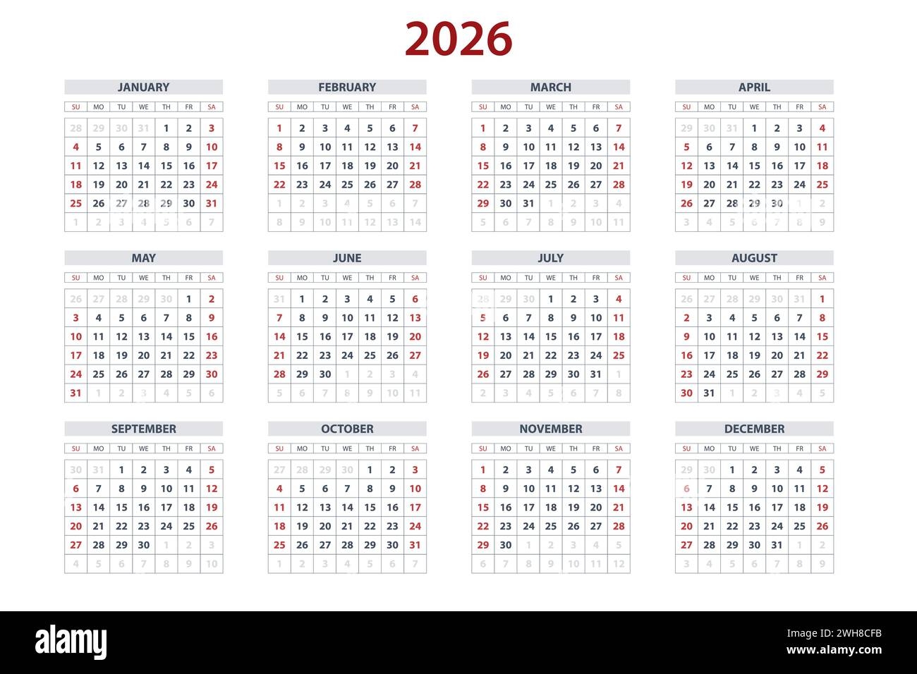 Simple 2026 Year Calendar Week Stock Vector Images Alamy