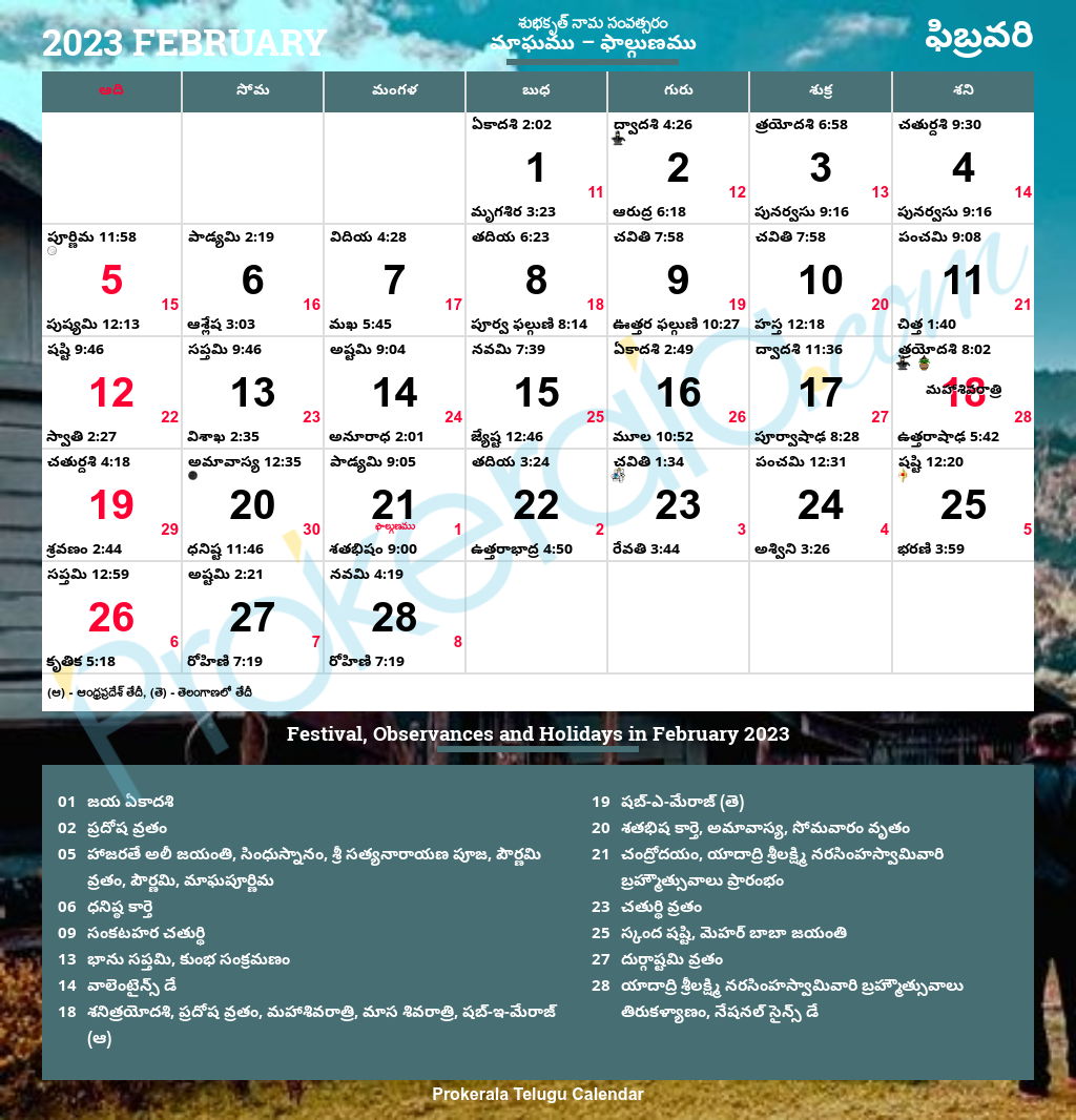 Telugu Calendar 2023 February