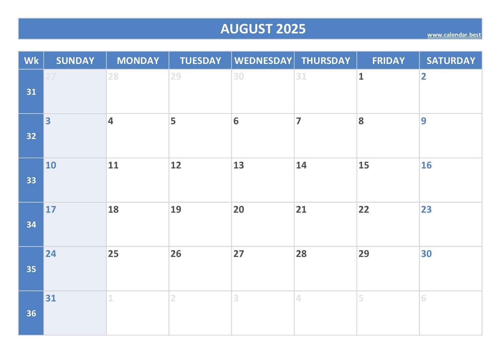 Week 31 2025 Dates Calendar And Weekly Schedule To Print