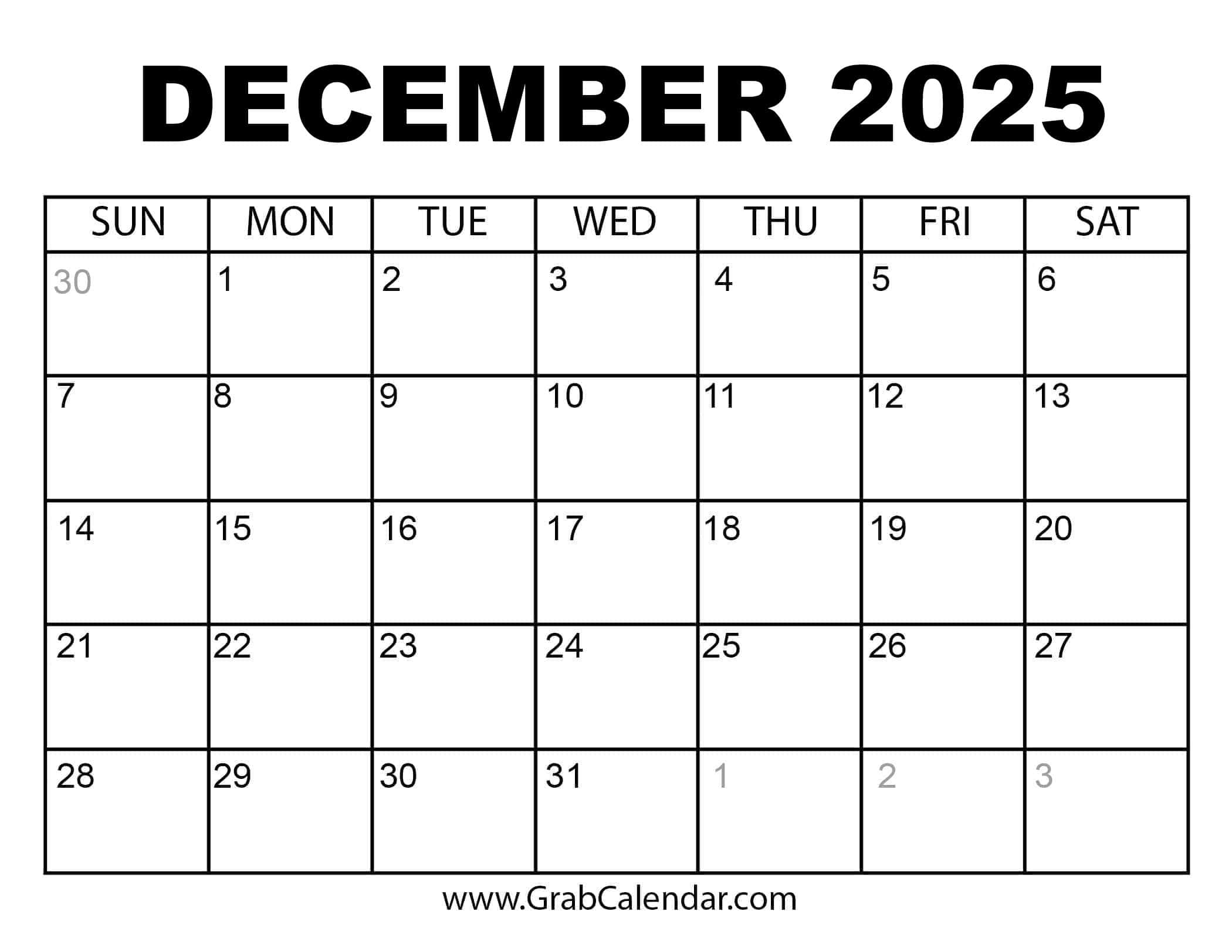 December 2025 January 2026 Calendar Printable