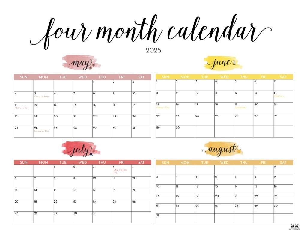 2025 Four Month Calendars 31 FREE Printables Printabulls