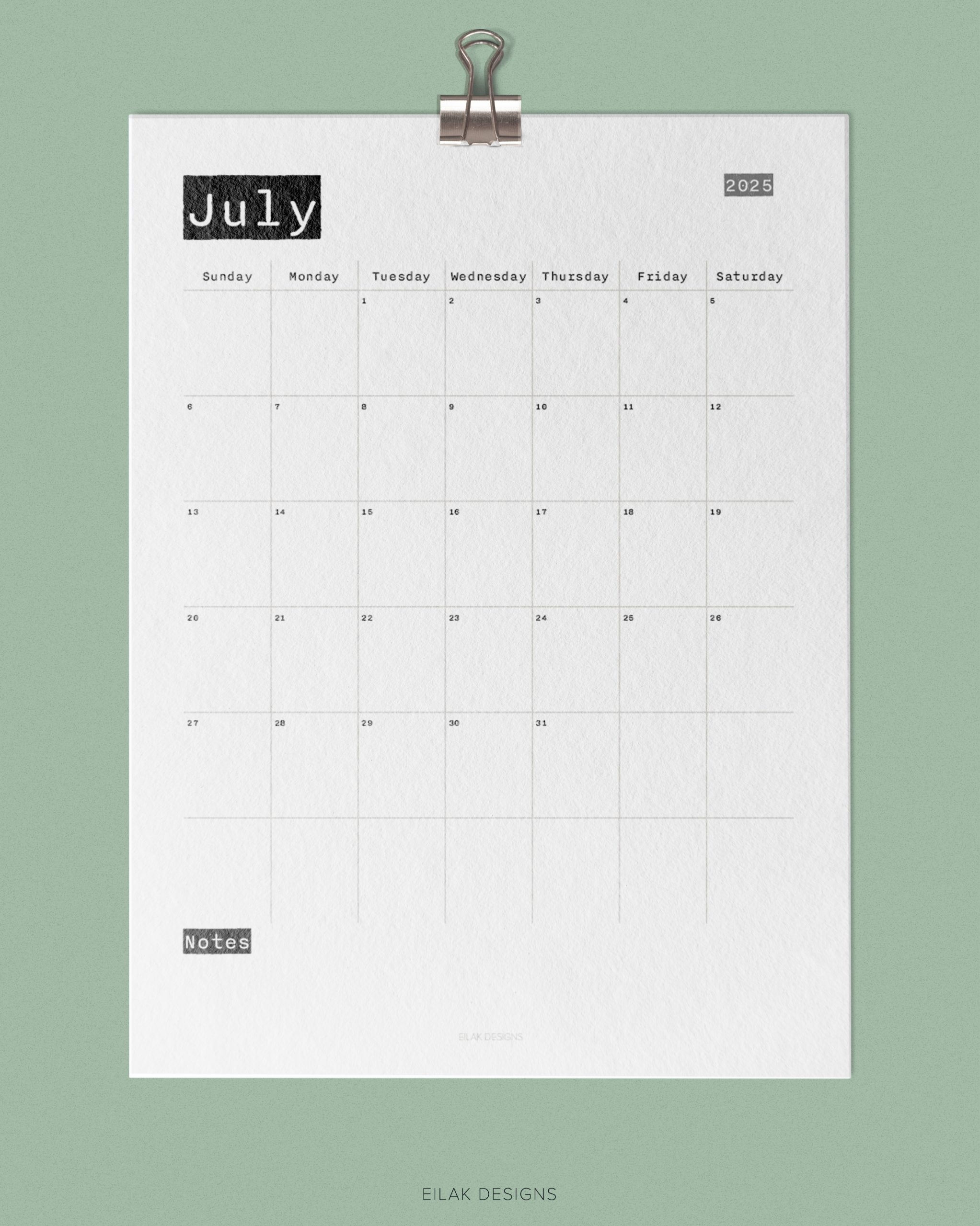 2025 Monthly Calendar Typewriter Digital Download