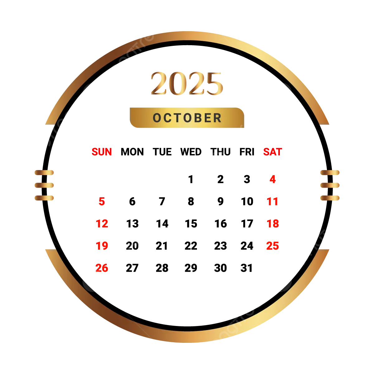 2025 October Month Calendar With Golden And Black Vector Monthly Calendar Calendar October 2025 PNG And Vector With Transparent Background For Free Download