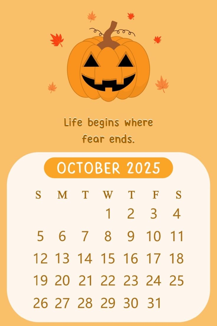 2025 October Monthly Cute Kawaii Halloween Pumpkin Motivational Quote Positive Minimalist Calendar
