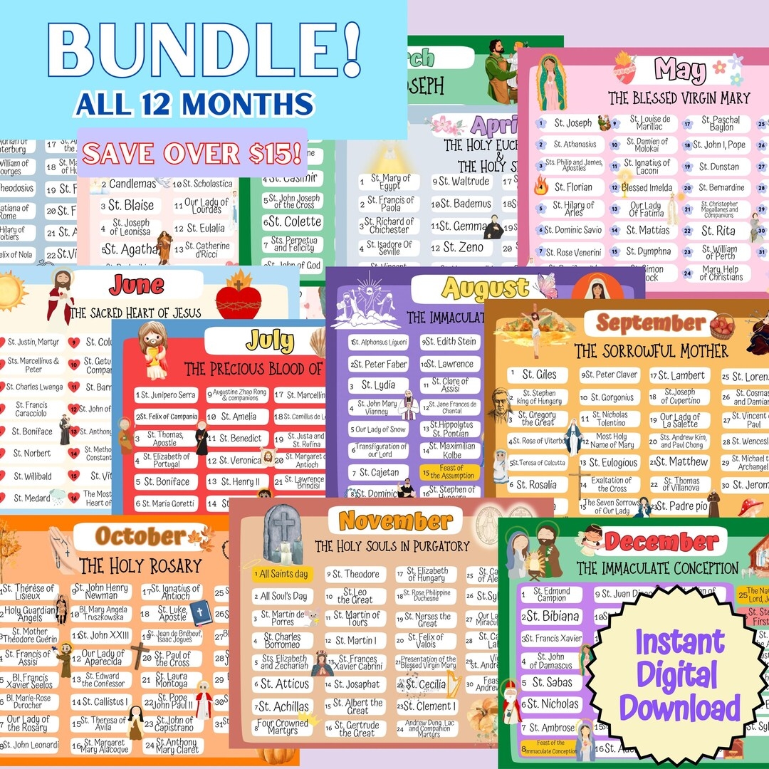 All Saints Feast Day Printable Calendar All 12 Months Catholic Calendar Liturgical Calendar Etsy
