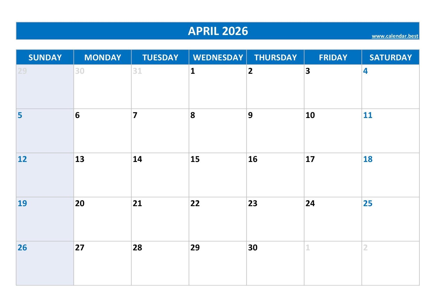 April Blank Calendar 2026