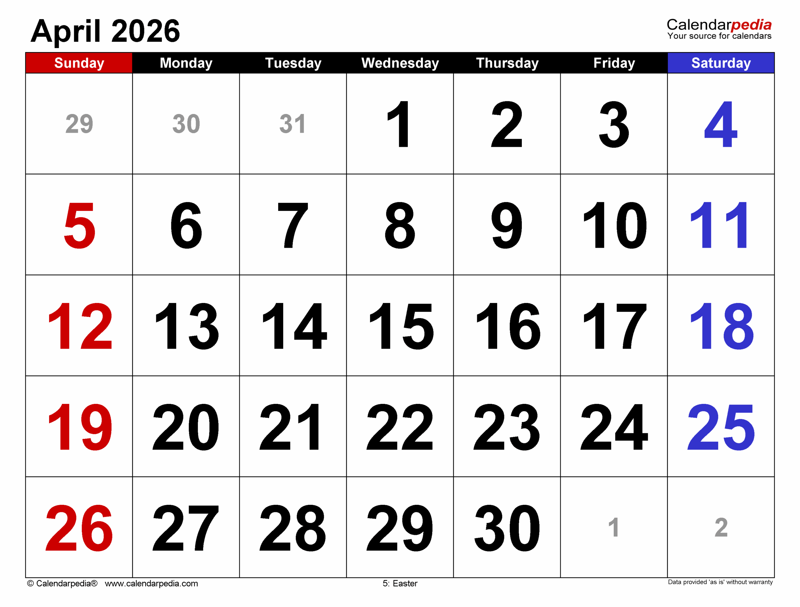 Printable April 2026 Calendar Pdf