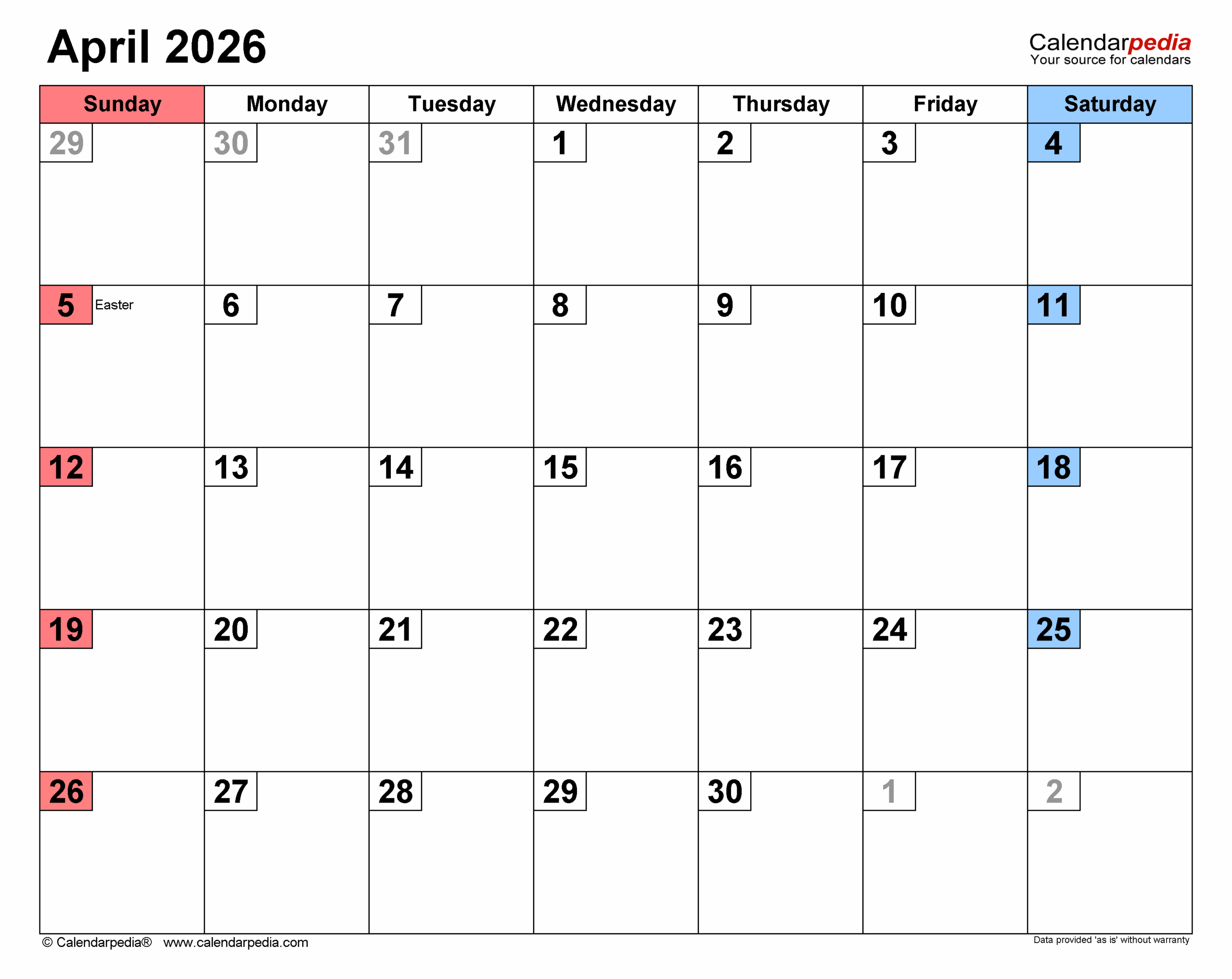 April 2026 Fillable Calendar