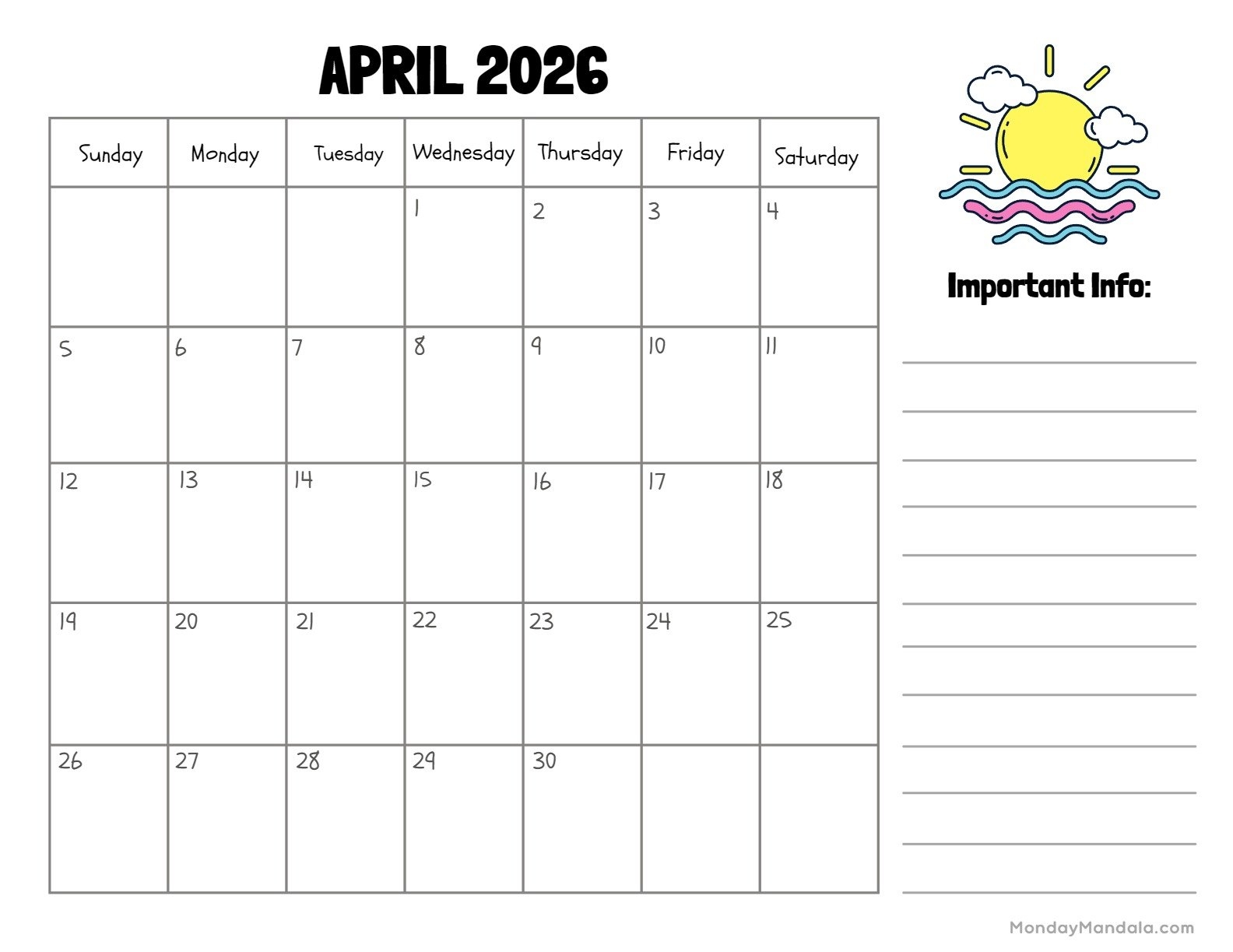 Fillable Calendar April 2026
