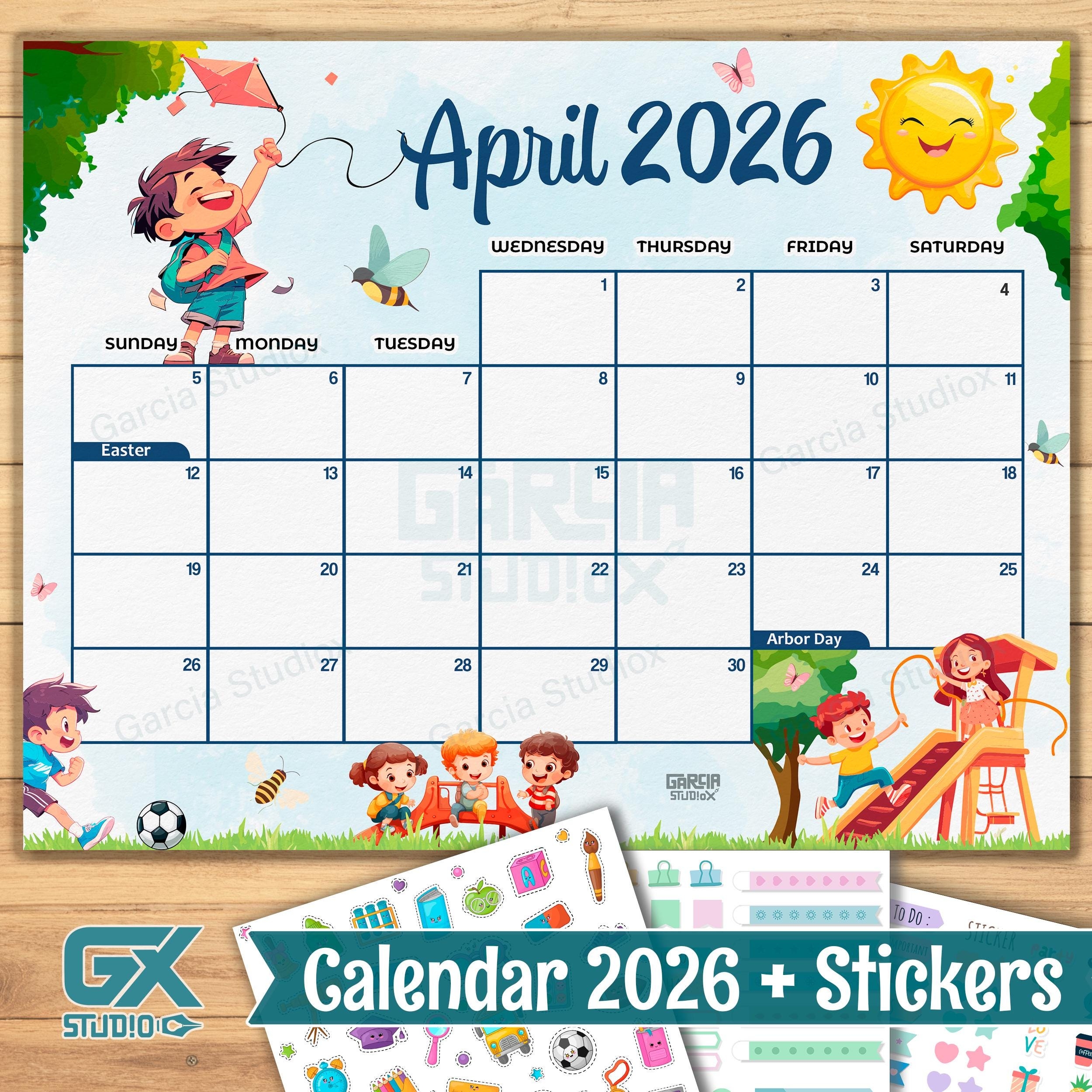 April 2026 Kids Calendar Printable Cute Editable Monthly Template For Children Outdoor Spring Games Planner For School Instant Download Etsy