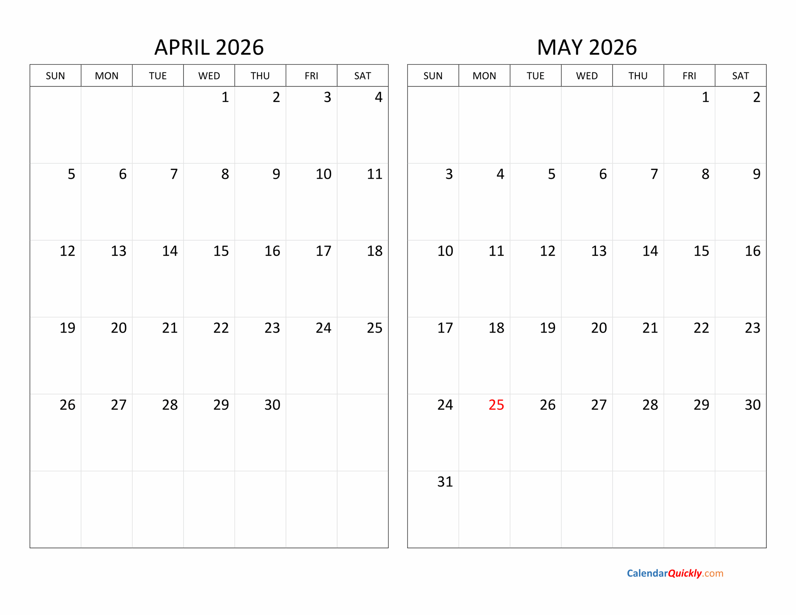 Feb March April May 2026 Calendar