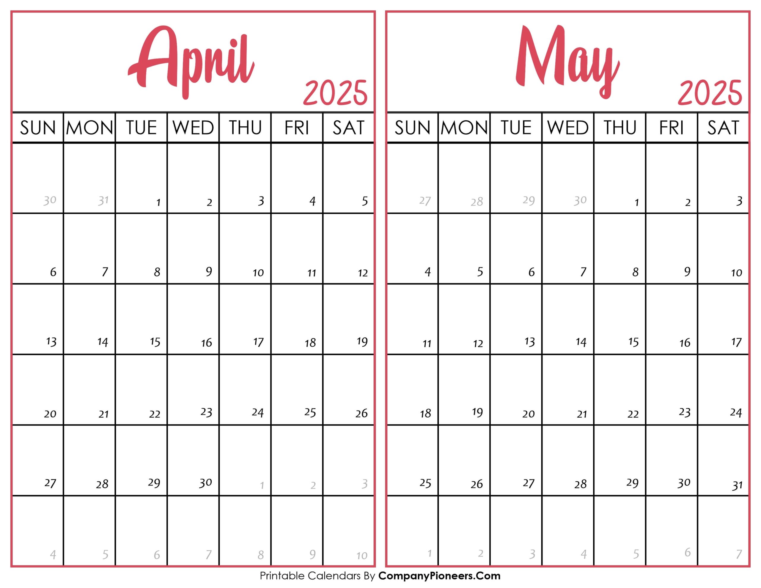 April May 2025 Calendar Printable Template