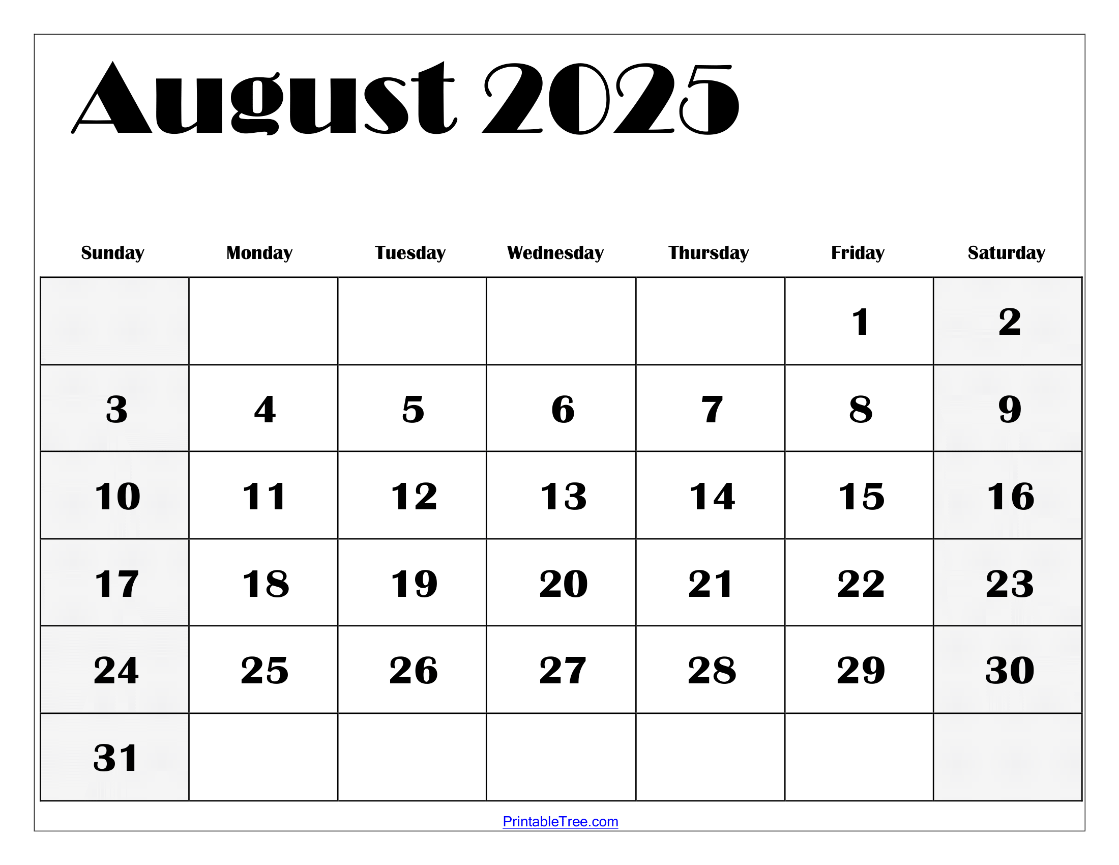 Calendar August 2025 Printable Free