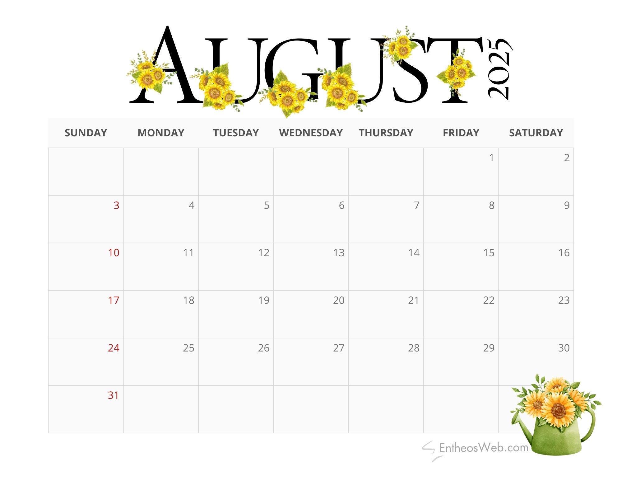 Printable August Calendar 2025 Free