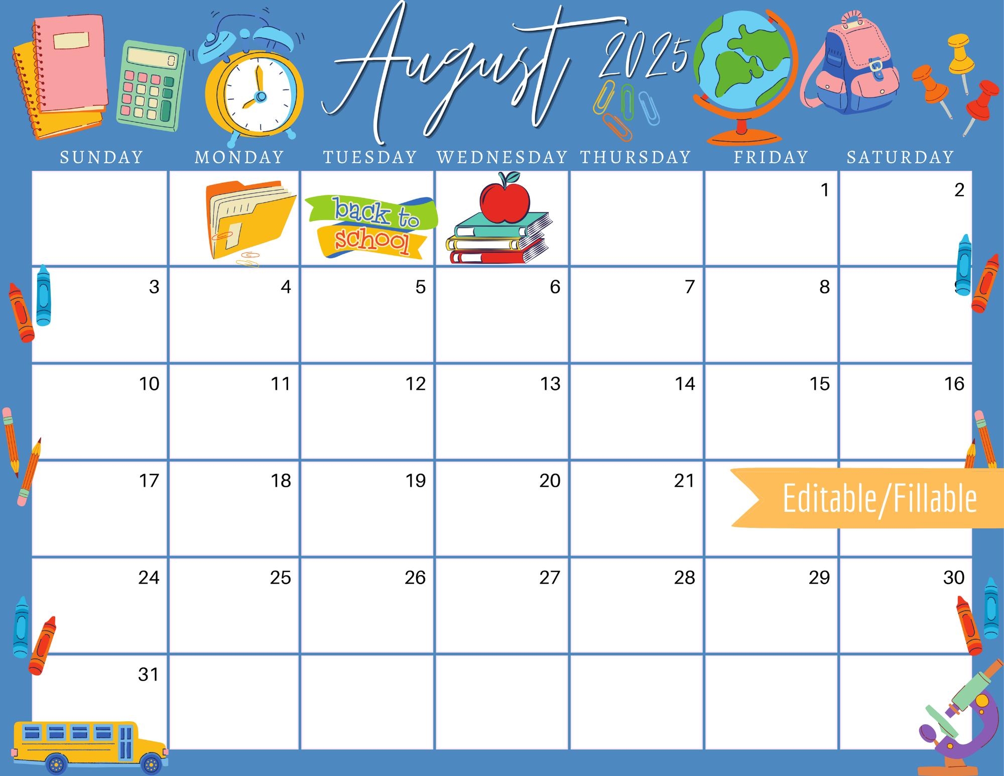 Editable August Calendar 2025
