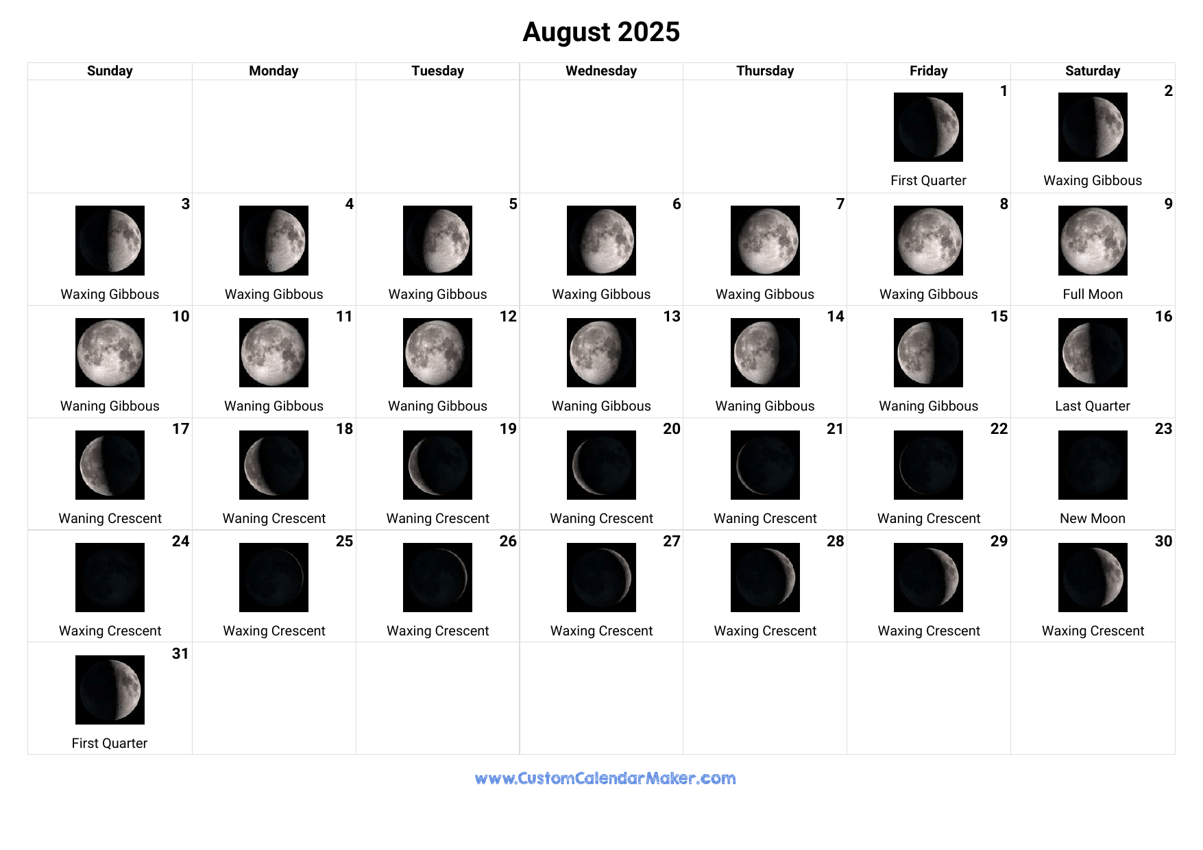 Moon Calendar August 2025