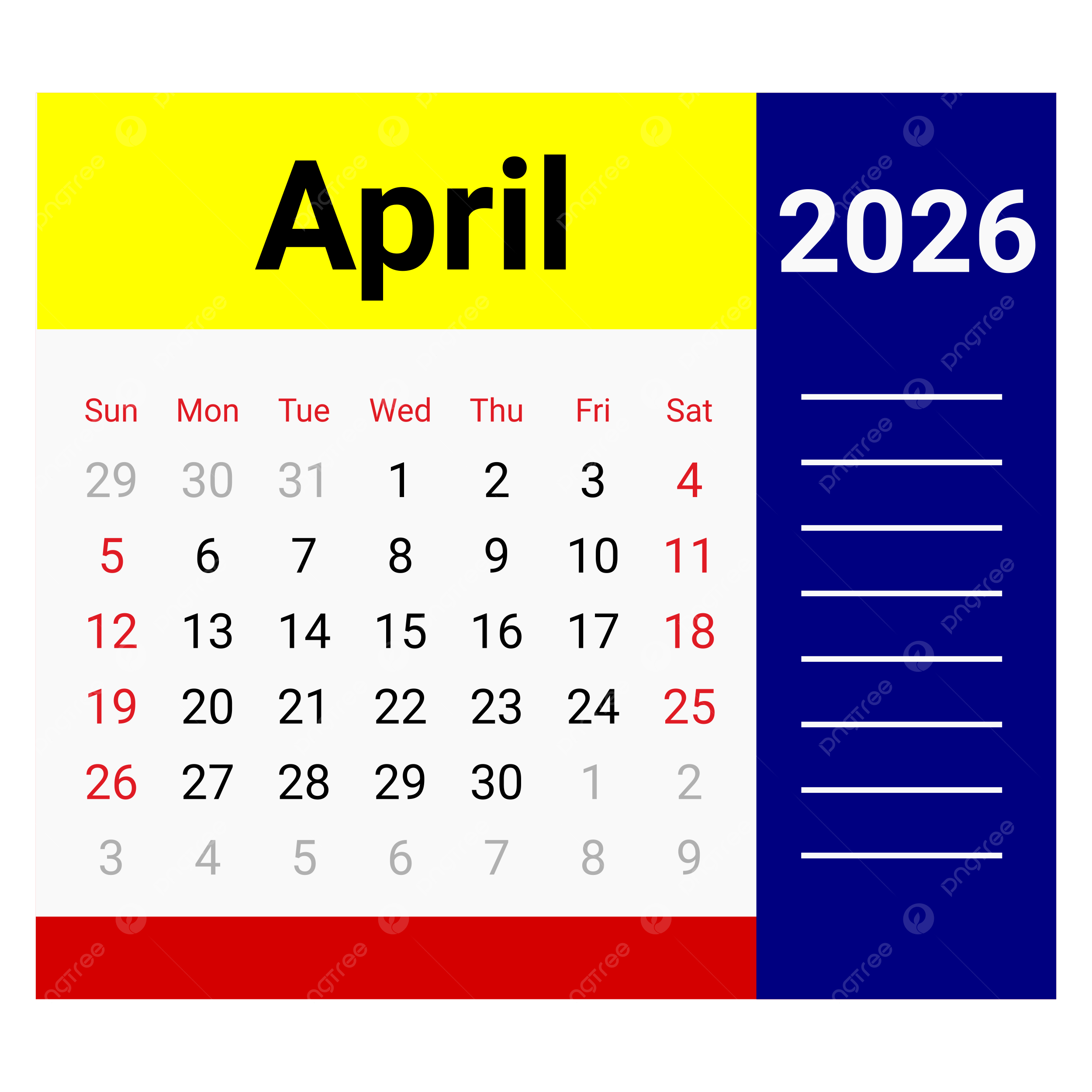 Calendar April 2026 Vector Calendar April 2026 Calendar April 2026 Monthly April 2026 PNG And Vector With Transparent Background For Free Download