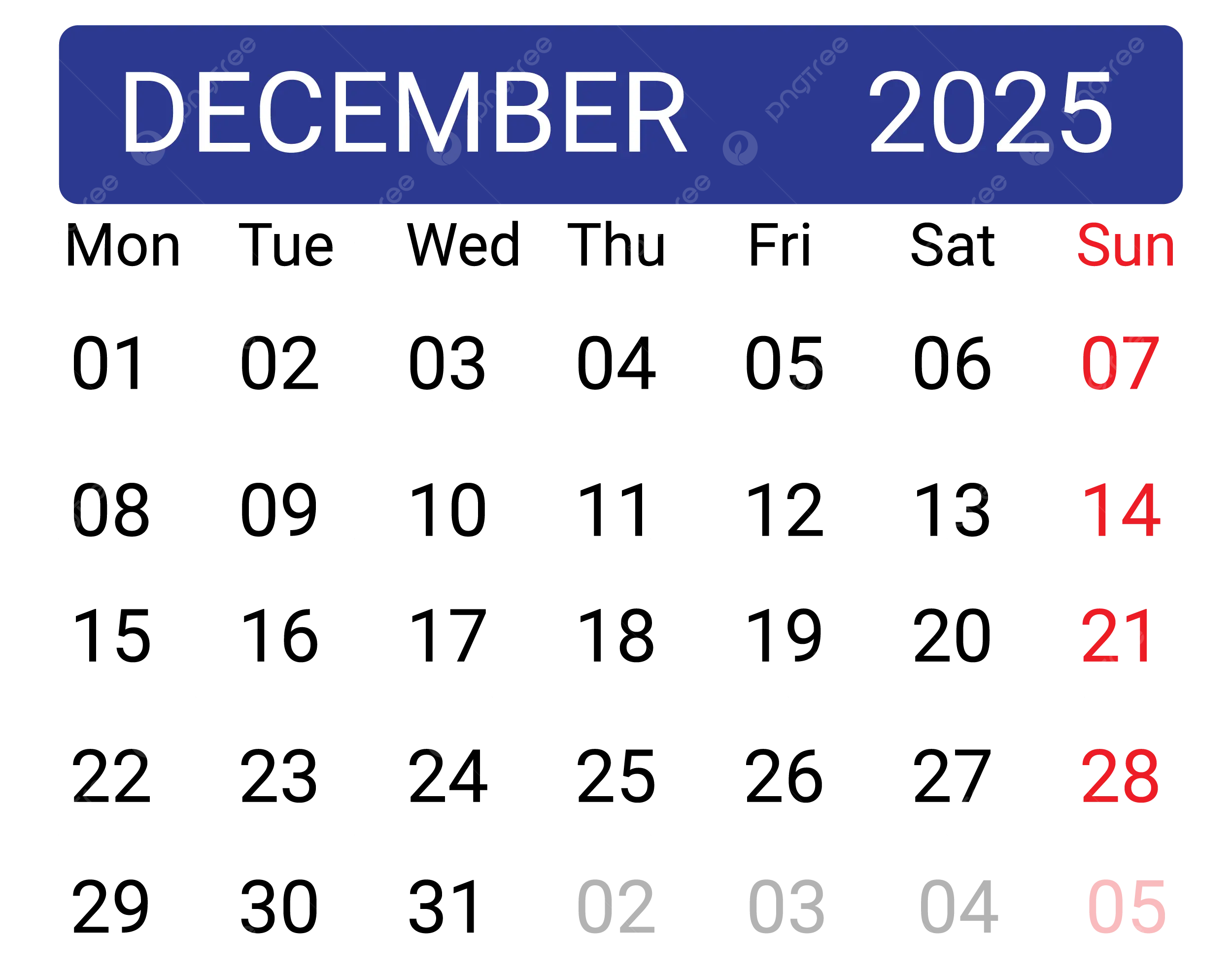 December 2025 Calendar Png