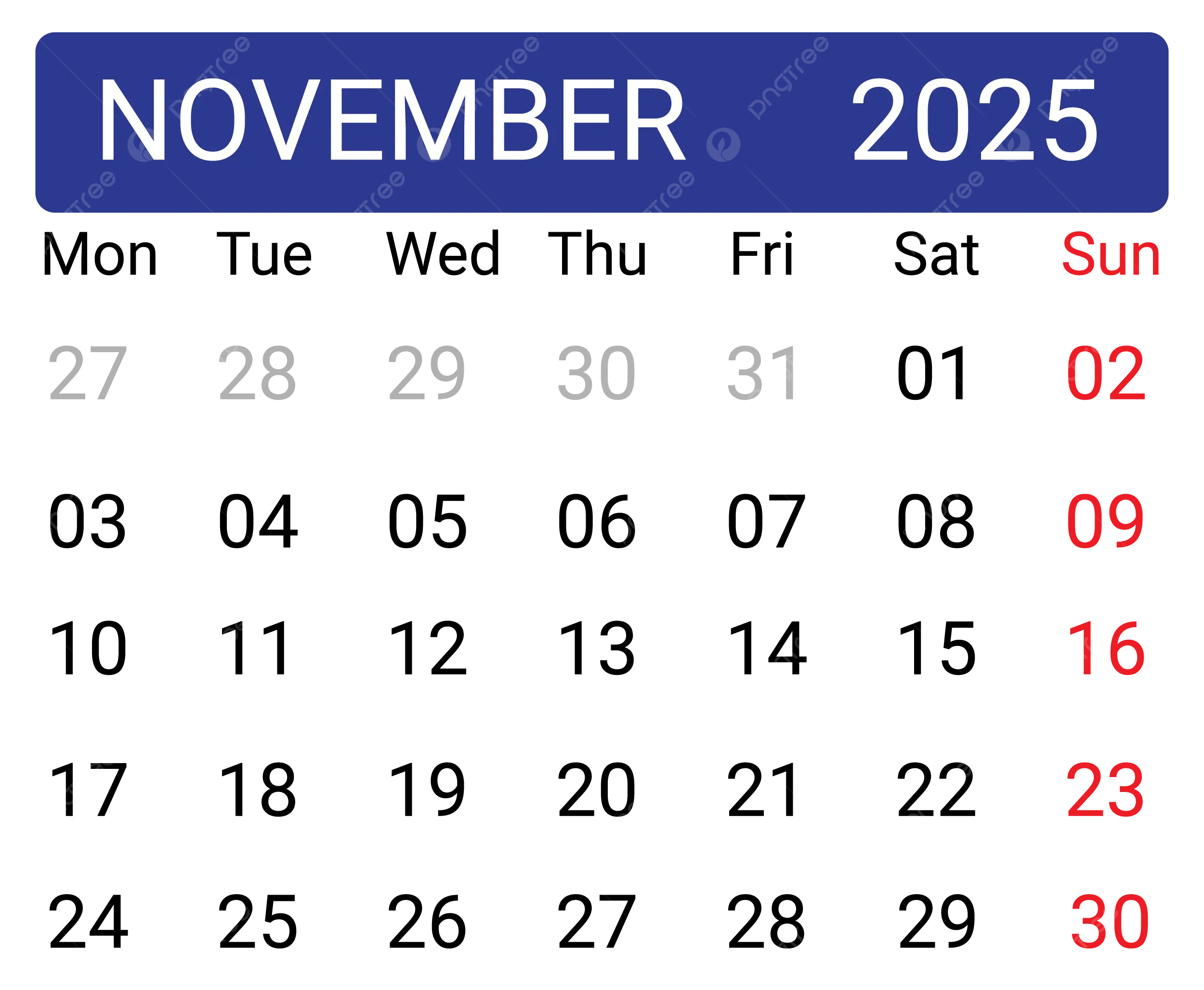 November 2025 Calendar Png