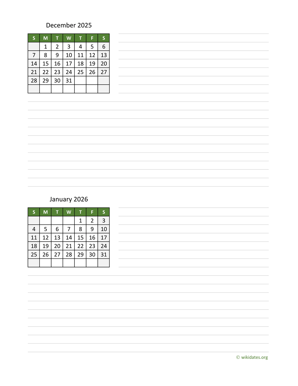 December 2025 Calendar January 2026