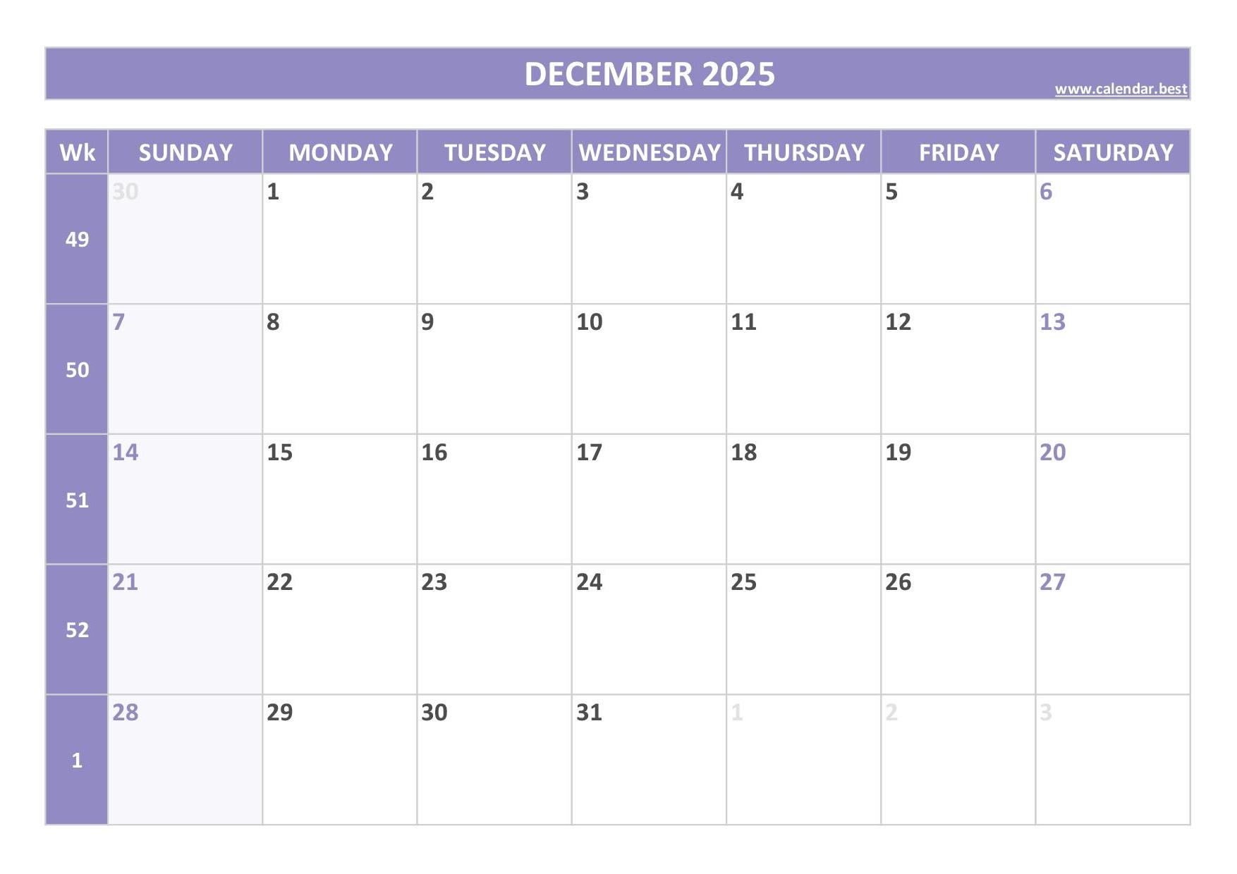 December 2025 Weekly Calendar